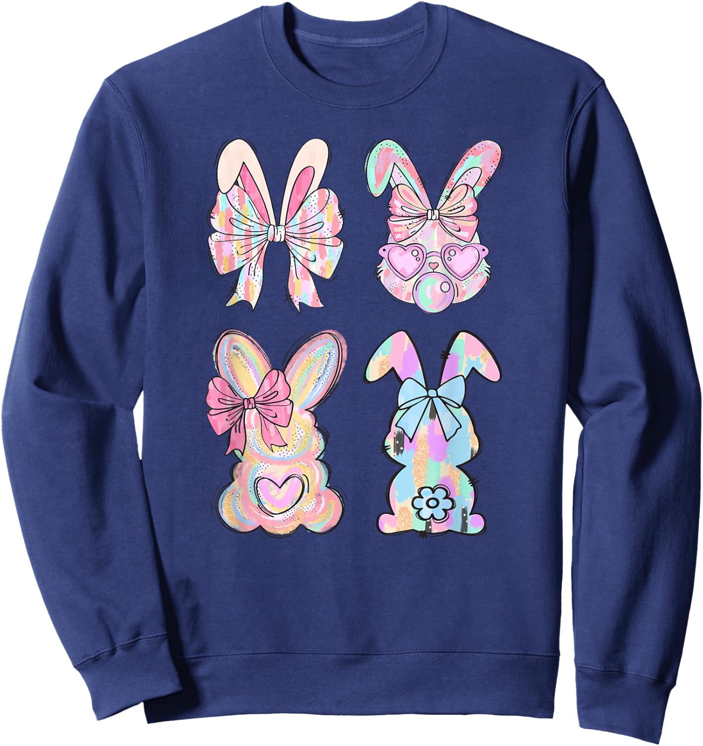 Ombré Easter Day Cute Bunny Rabbit Face Tie Dye Glasses Girl Sweatshirt - Sweatshirt | Navy