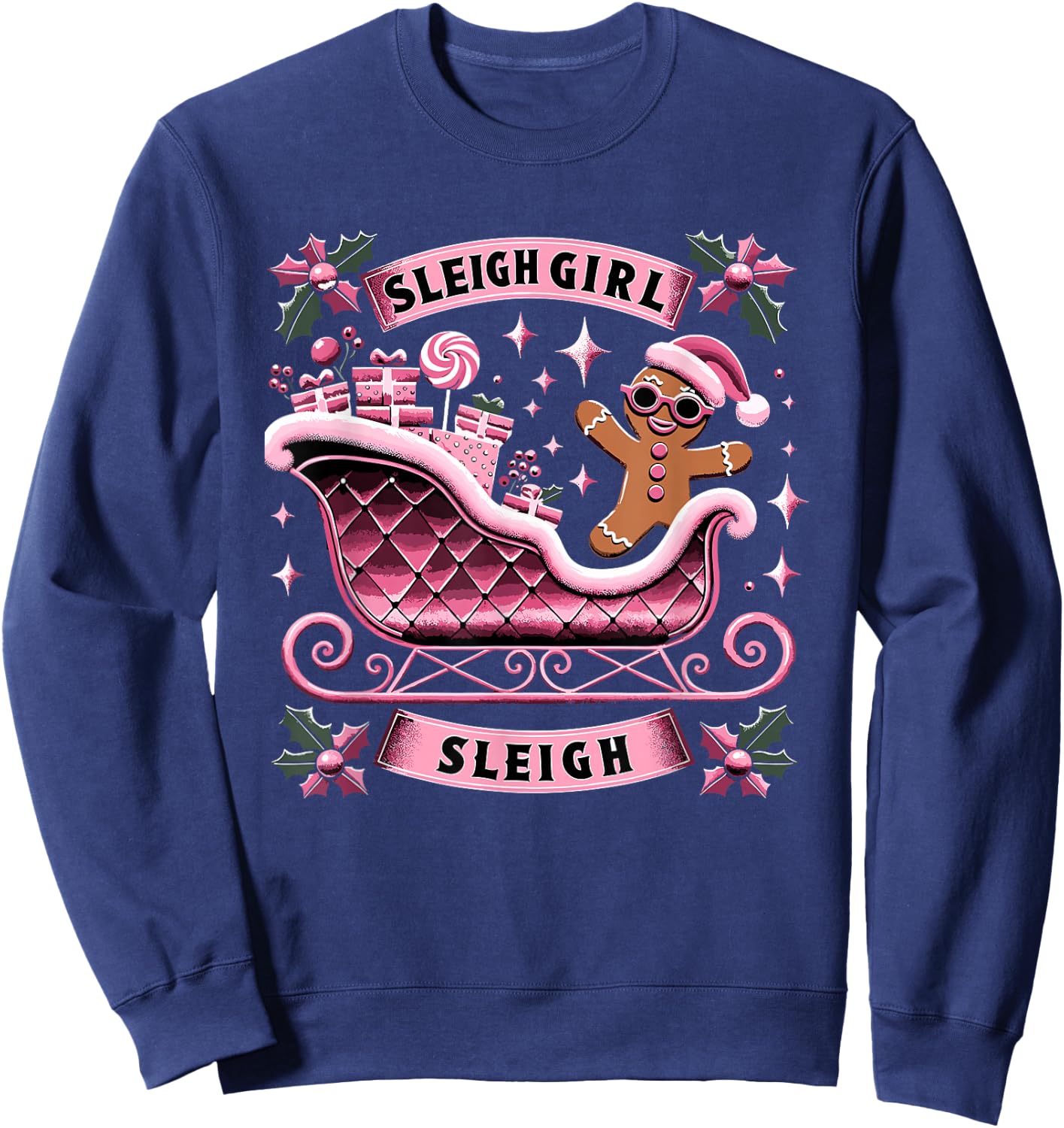 Groovy Pink Christmas Candy Sleigh Girl Gingerbread Holiday Sweatshirt - Sweatshirt | Navy