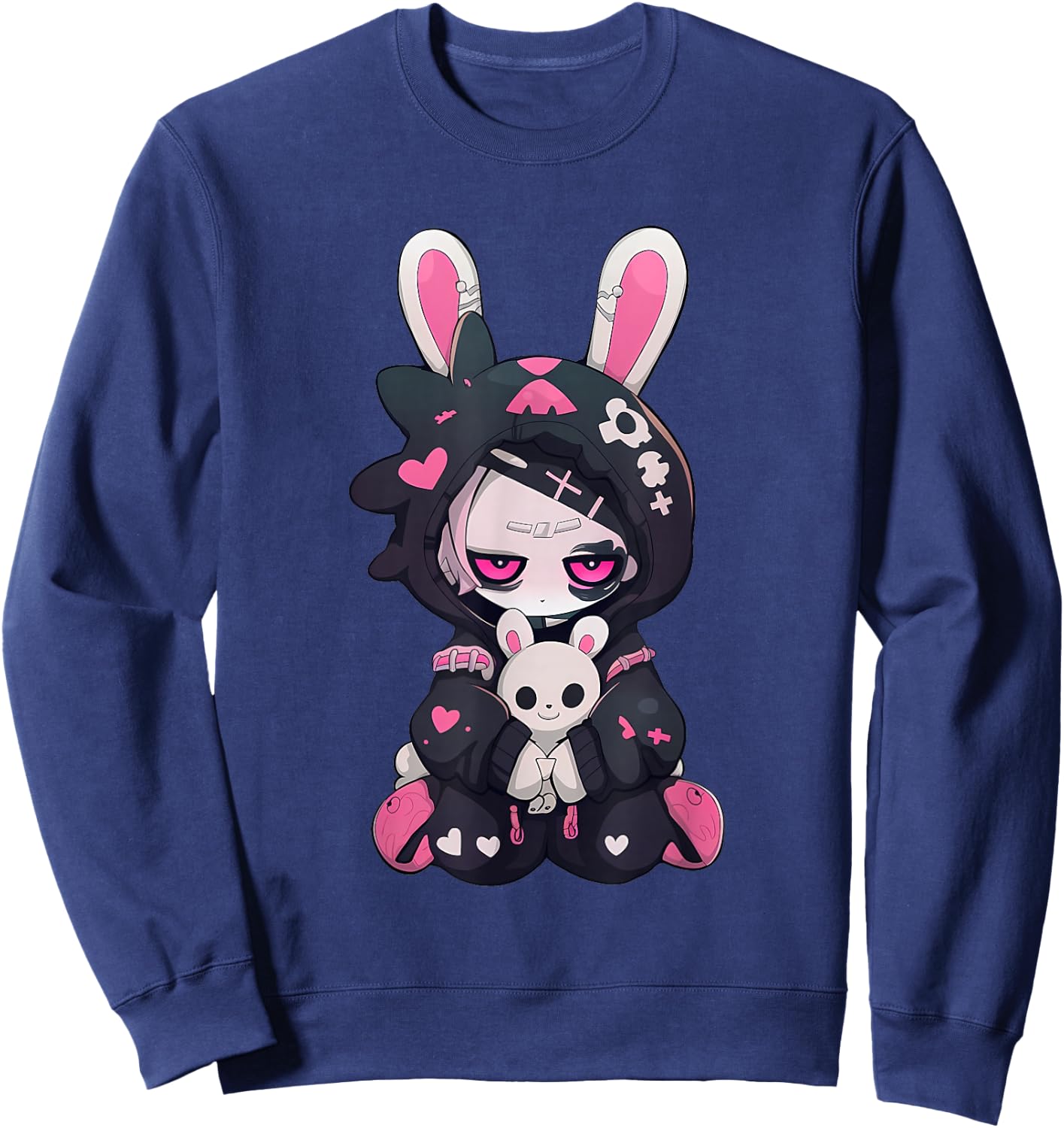 Cute Gothic Girl Chibi Style Bunny E-Girl Skull Heart Grunge Sweatshirt - Sweatshirt | Navy