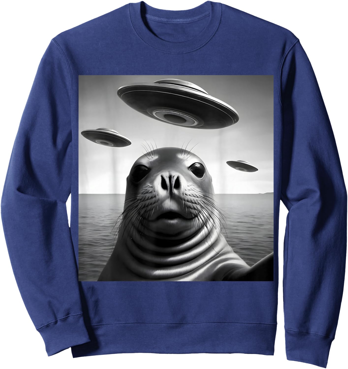 Funny Alien UFO Design Cute Seal Alien Encounter Sweatshirt - Sweatshirt | Navy