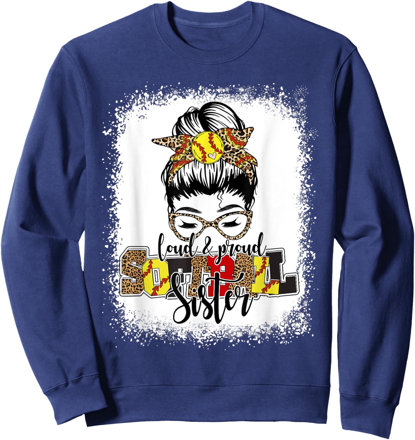 Bleached Softball Sister Leopard Messy Bun Funny Mothers Day Sweatshirt - Sweatshirt | Navy