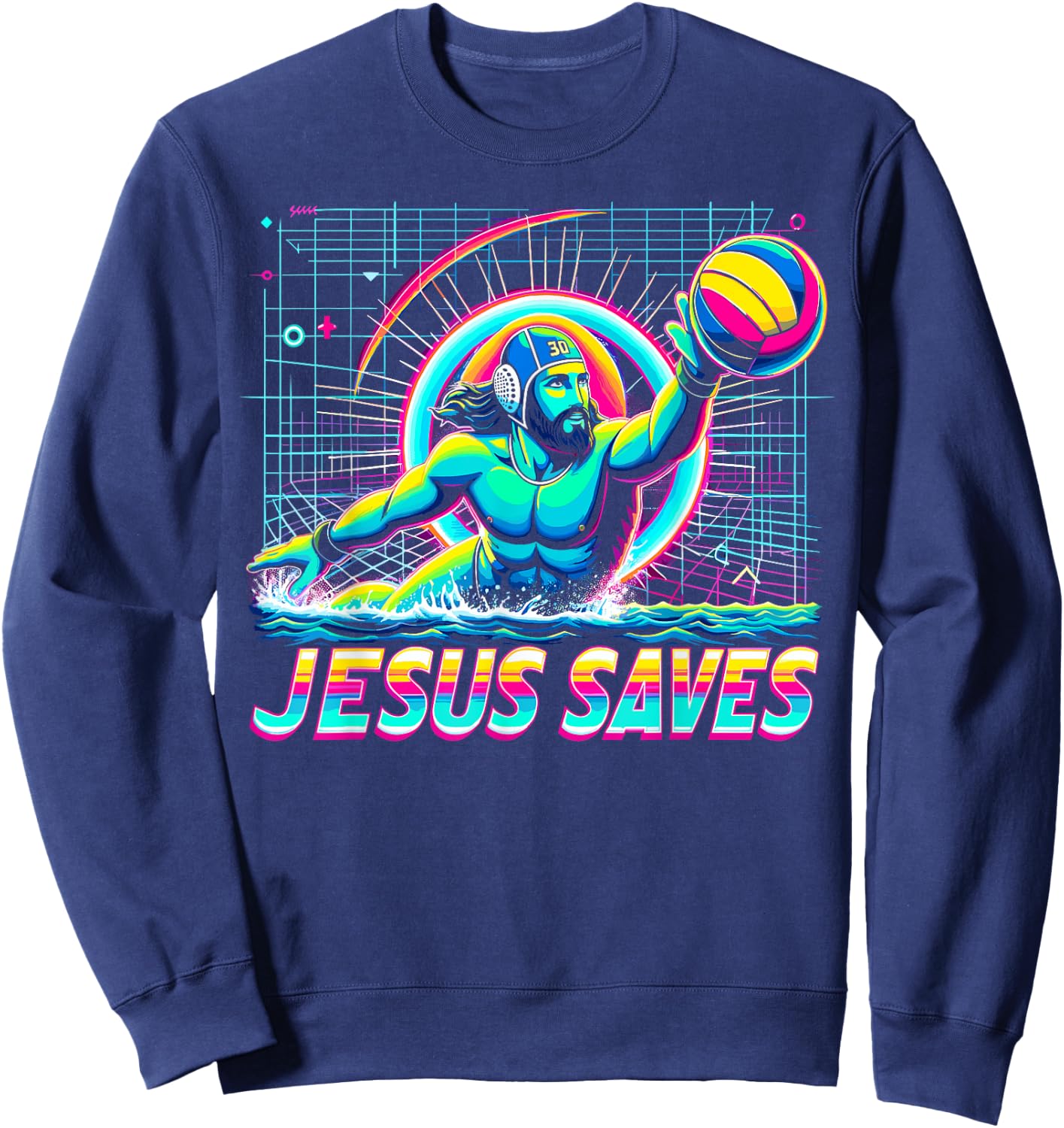 80s Vaporwave Jesus Saves Water Polo Sweatshirt - Sweatshirt | Navy