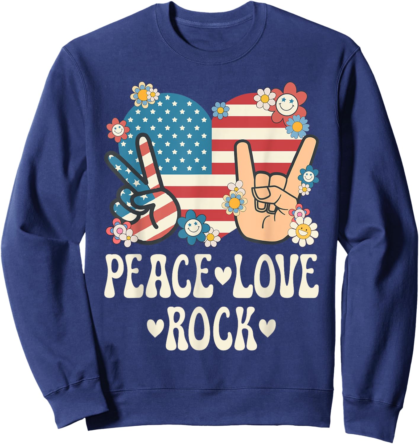 Peace Love Rock And Roll American Flag Patriotic Retro Rock Sweatshirt - Sweatshirt | Navy