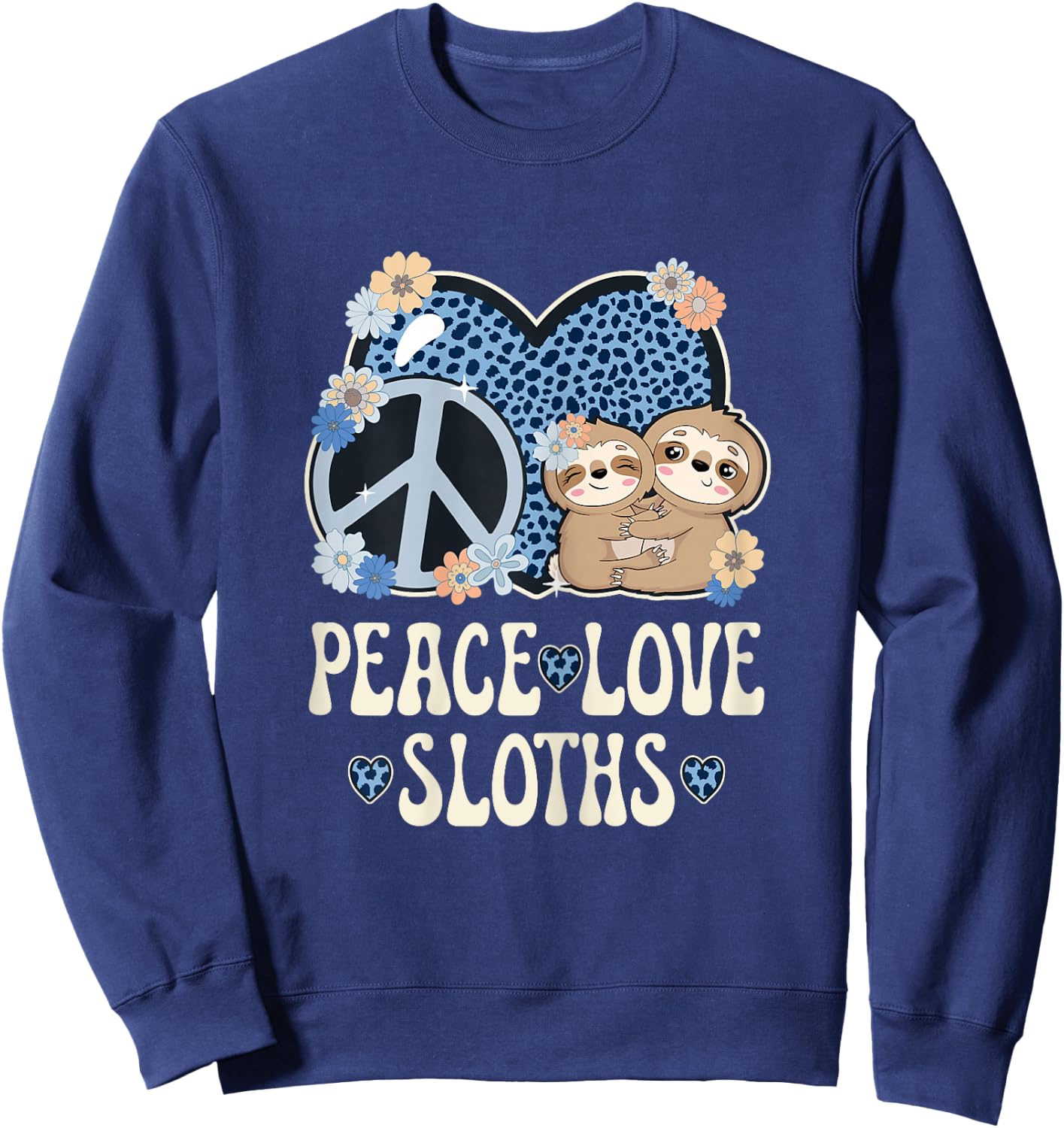 Peace Love Sloths Cheetah Print Women Girls Cute Sloth Lover Sweatshirt - Sweatshirt | Navy