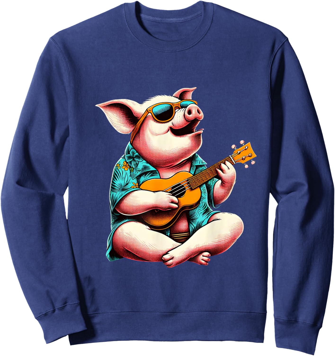 Pig Wearing a Hawaiian Shirt, Playing a Ukulele Sweatshirt - Sweatshirt | Navy