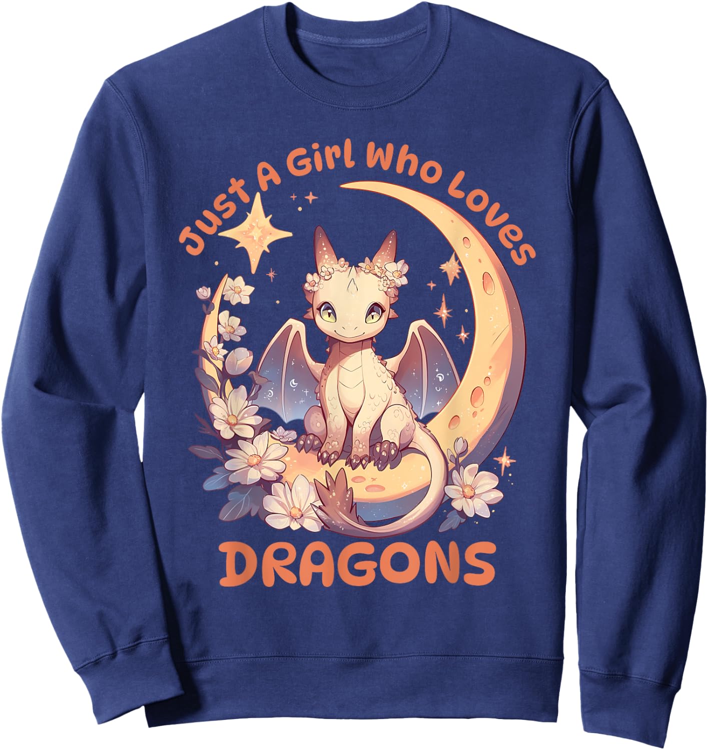 Just A Girl Who Loves Dragons Cute Dragon On Crescent Moon Sweatshirt - Sweatshirt | Navy