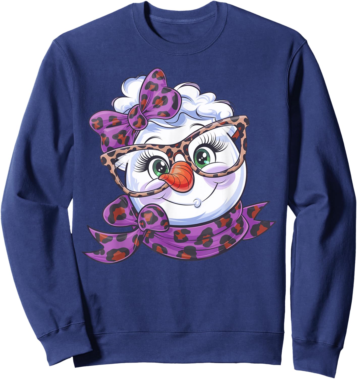 Winter Snowman Face Leopard Bow Eyelashes Black Classic Fit Short Sleeve XS Sweatshirt - Sweatshirt | Navy
