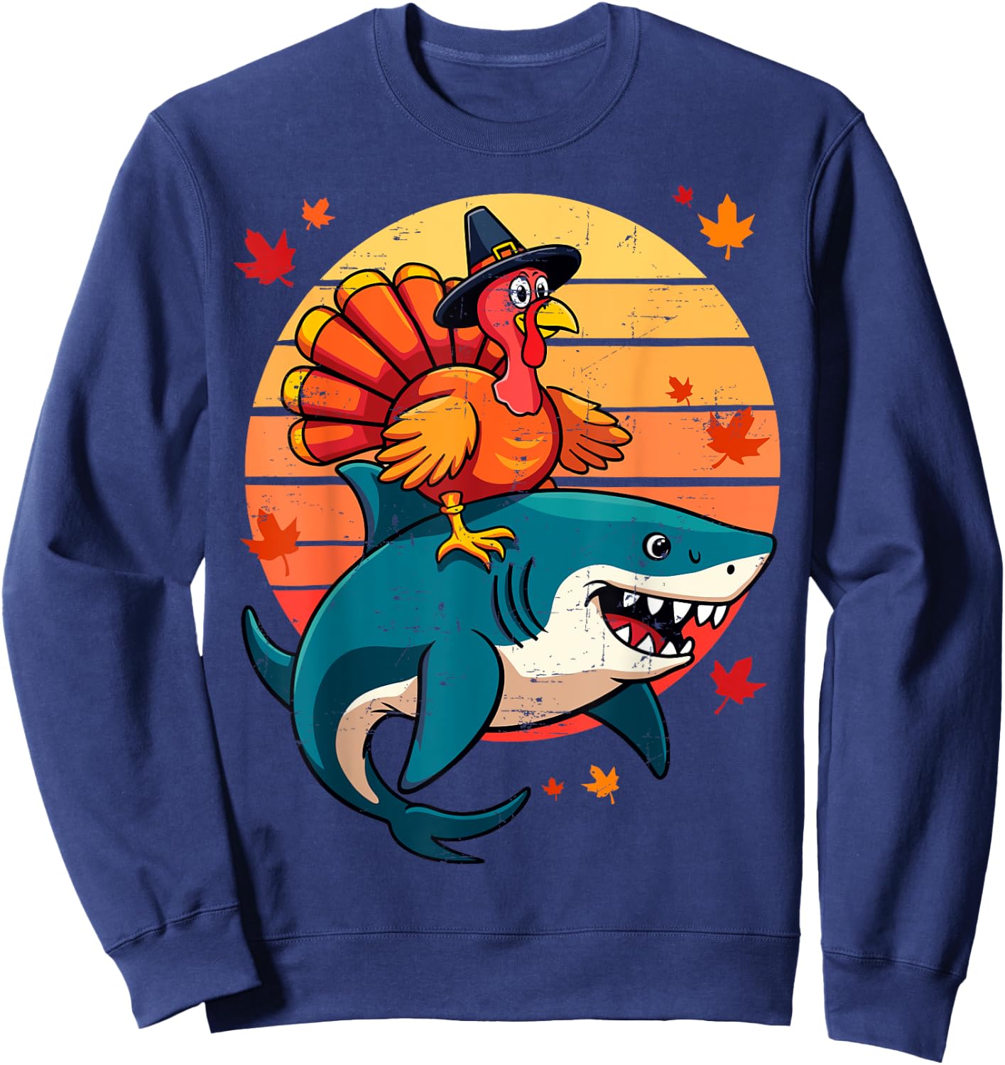 Funny Shark & Turkey Thanksgiving Day Kids Harvest Festival Sweatshirt - Sweatshirt | Navy