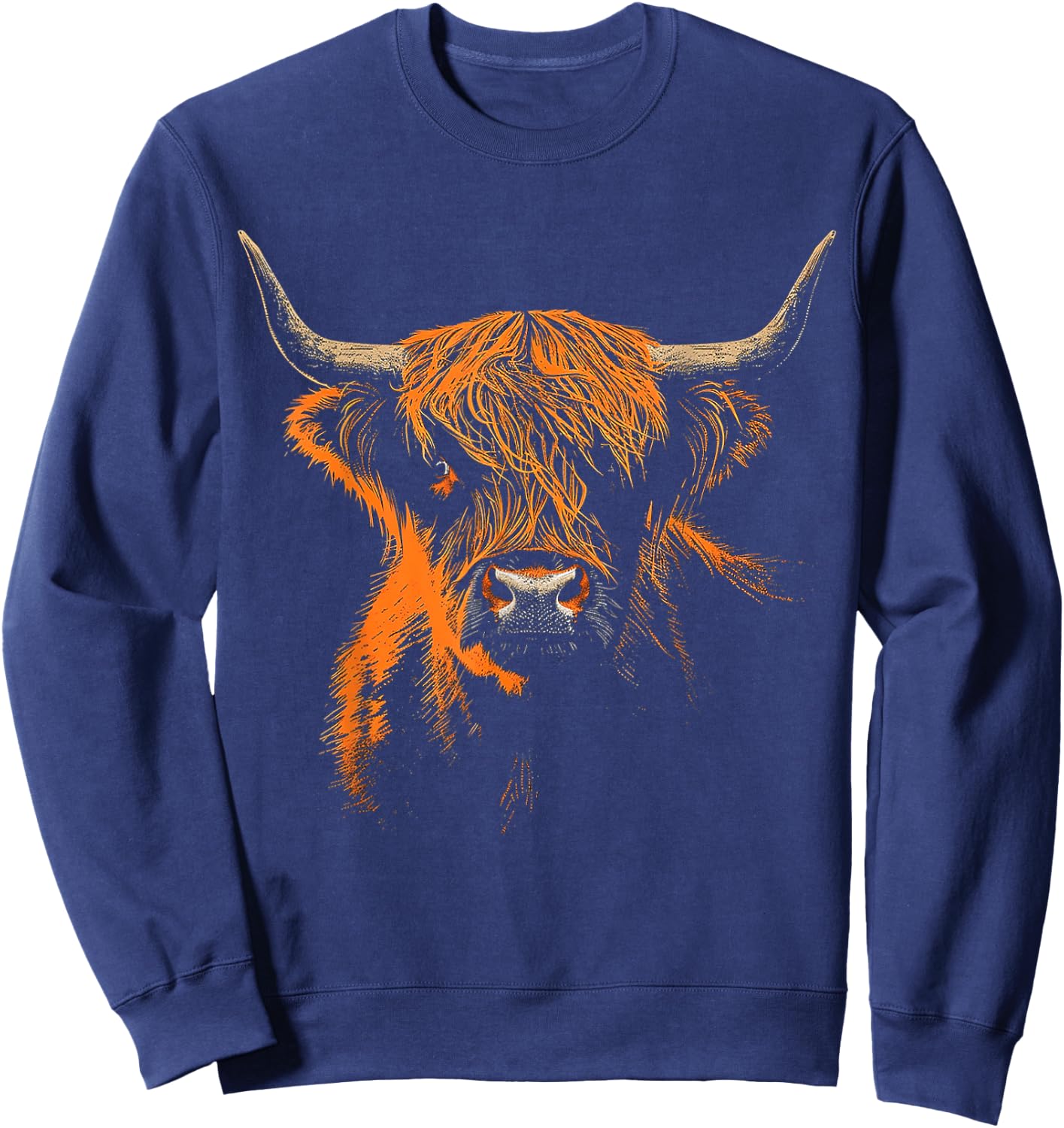 Highland Cow Farm Art Animal Portrait Graphic Highland Cow Sweatshirt - Sweatshirt | Navy