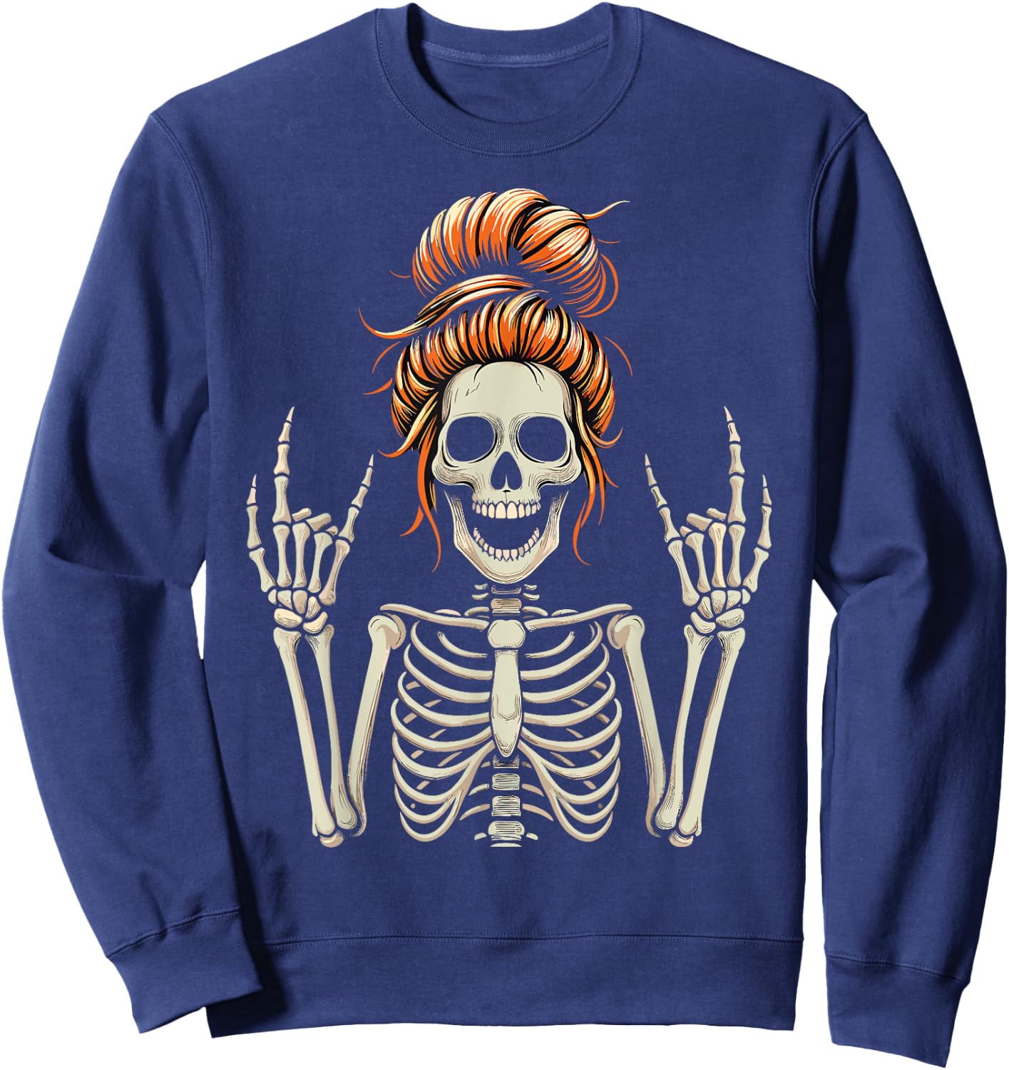 Rocker Messy Bun Skeleton Cool Halloween Punk Rock Sweatshirt - Sweatshirt | Navy