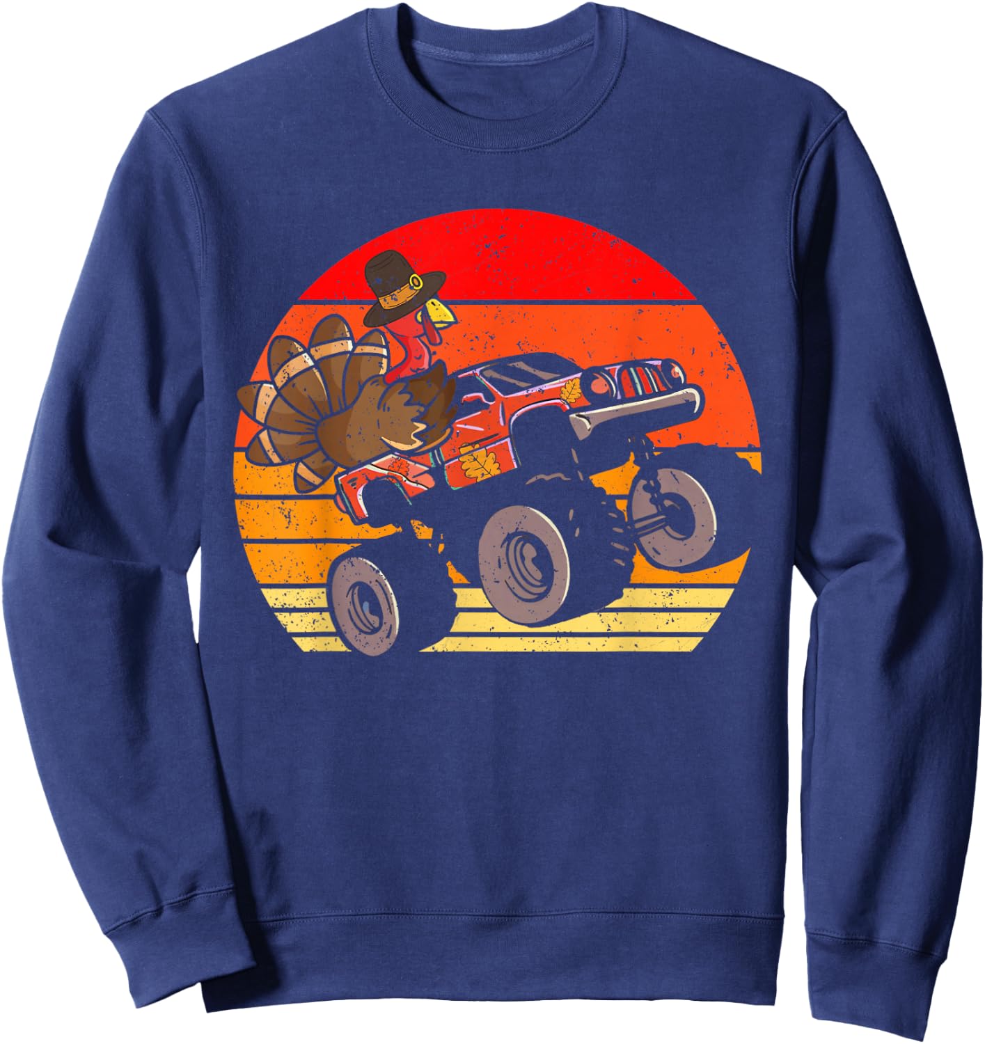 Boys Kids Thanksgiving Turkey Riding Monster Truck Vintage Sweatshirt - Sweatshirt | Navy