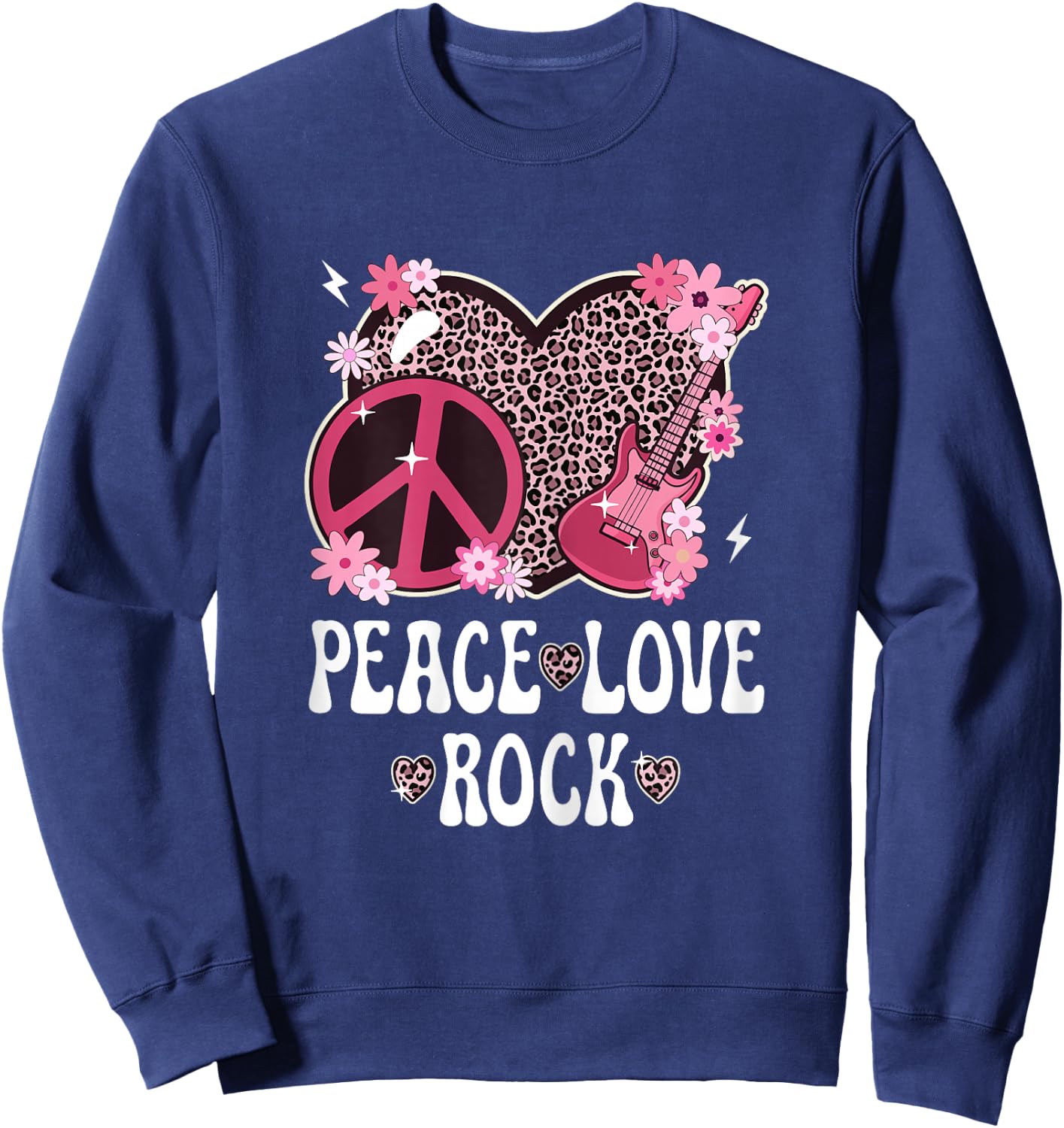 Peace Love Rock And Roll Leopard Print Women Rock Outfit Sweatshirt - Sweatshirt | Navy