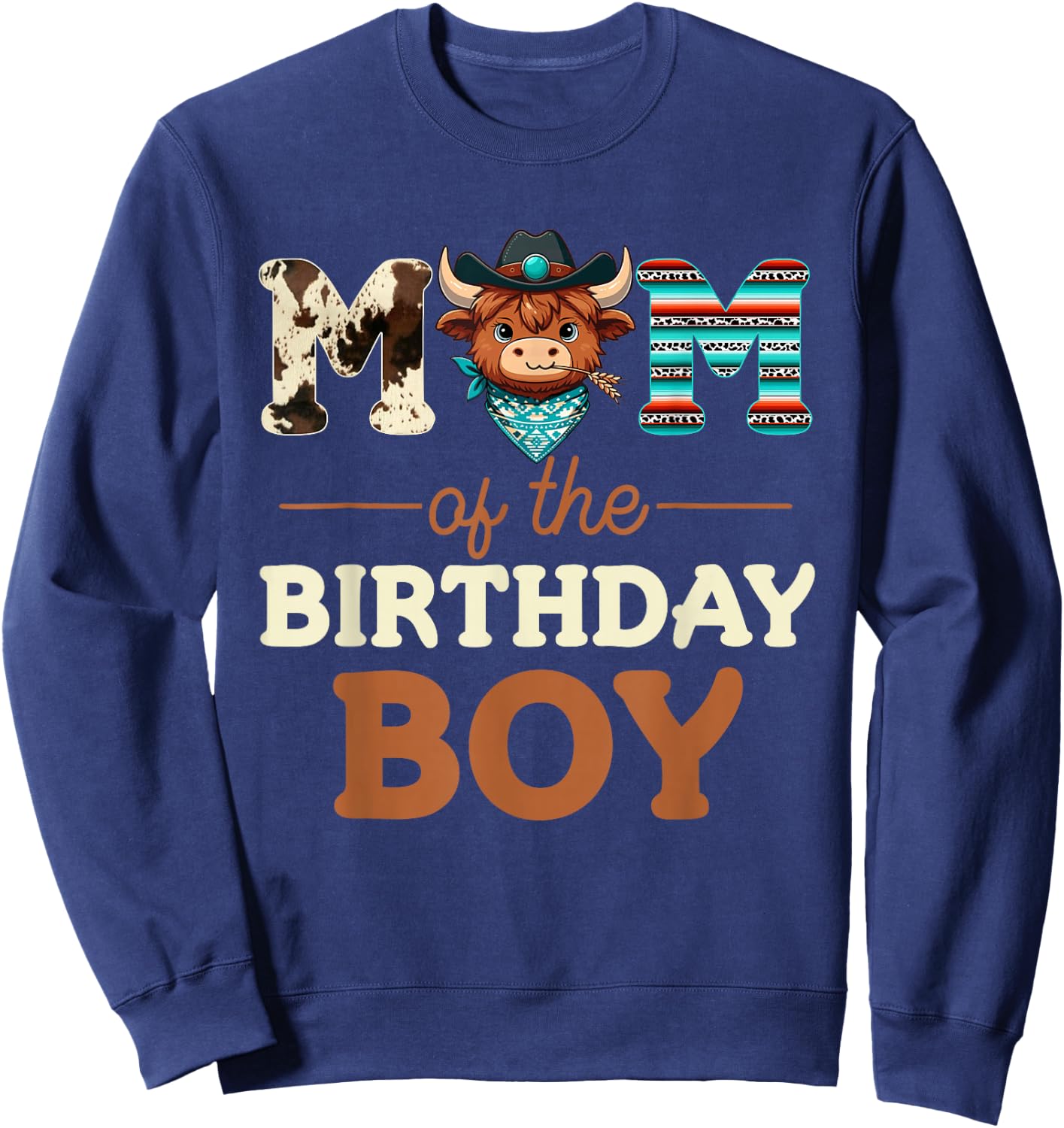 Mom of The Birthday Boy Highland Cow Print First Bday Sweatshirt - Sweatshirt | Navy