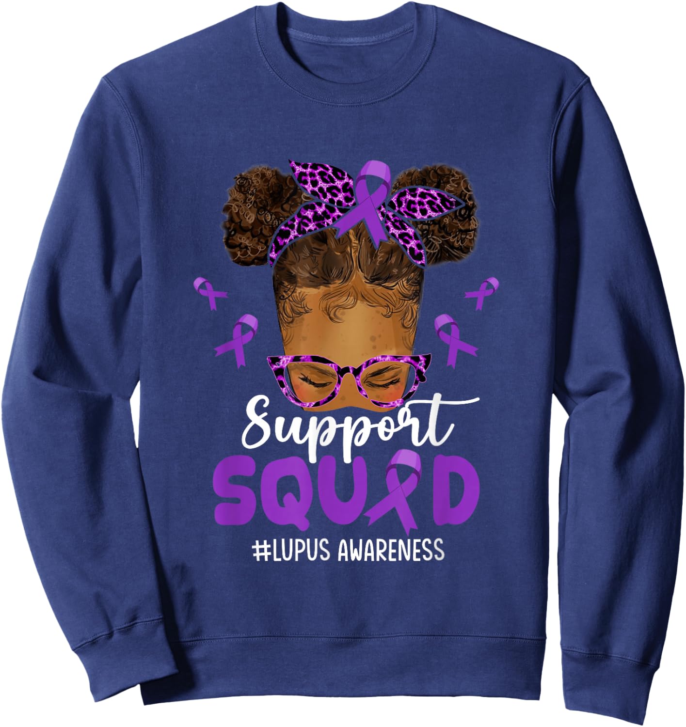 Support-Squad Afro Messy Bun Leopard Lupus Awareness Sweatshirt - Sweatshirt | Navy