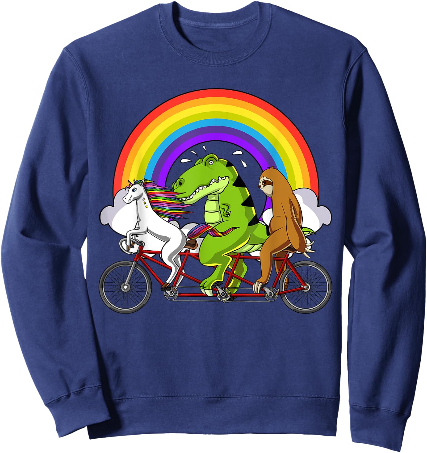 Unicorn T-Rex Dinosaur Sloth Riding Bicycle Rainbow Party Sweatshirt - Sweatshirt | Navy