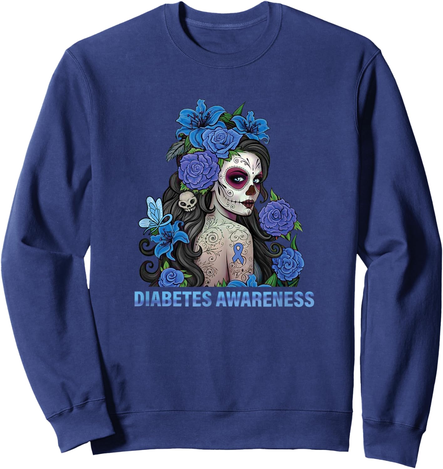 Floral Sugar Skull Women Diabetes Awareness Sweatshirt - Sweatshirt | Navy