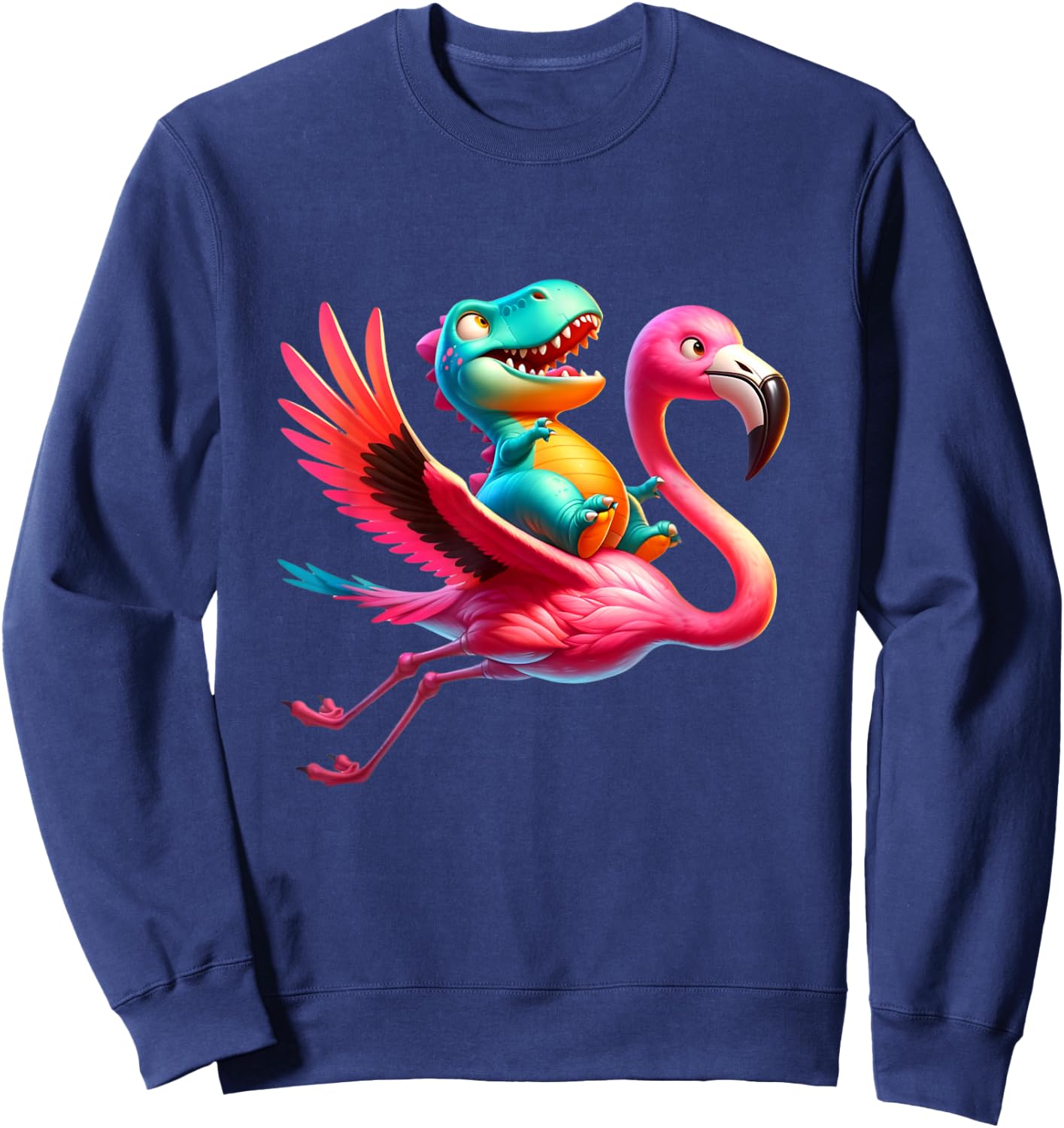 Cute T-Rex Dinosaur flying on a Flamingo Funny Sweatshirt - Sweatshirt | Navy
