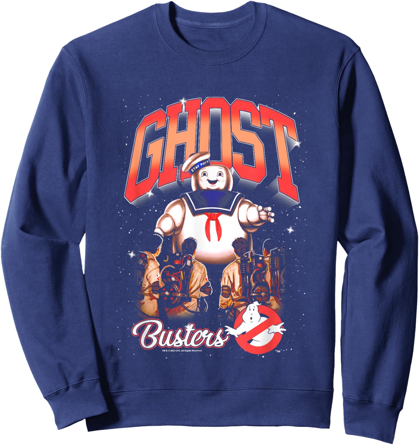 Ghostbusters Cute Stay Puft Loom Group Shot Retro Big Logo Sweatshirt - Sweatshirt | Navy
