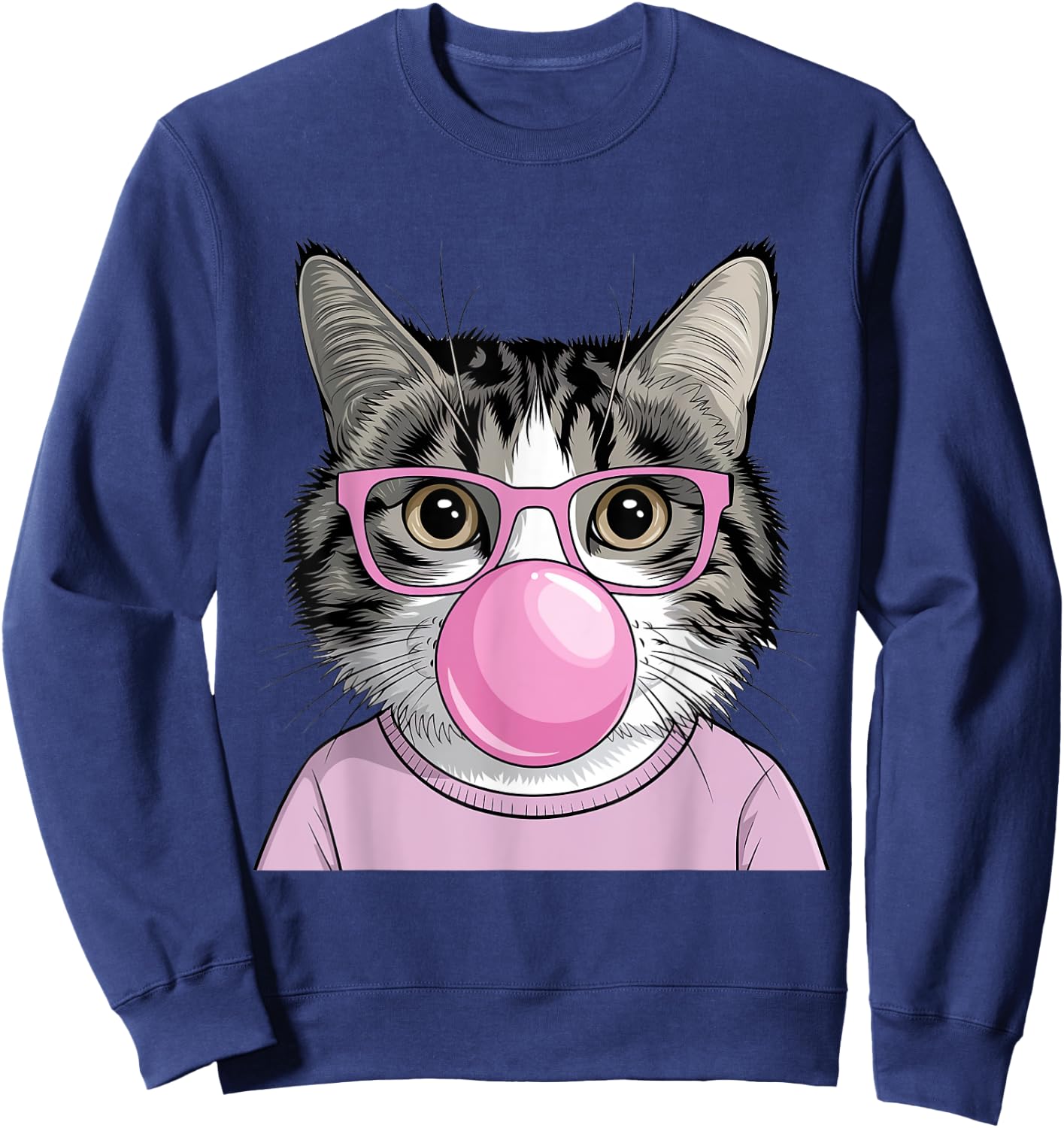 Funny Cat with Glasses Blowing Bubble Gum Cute Cat Women Girls Kids Sweatshirt - Sweatshirt | Navy