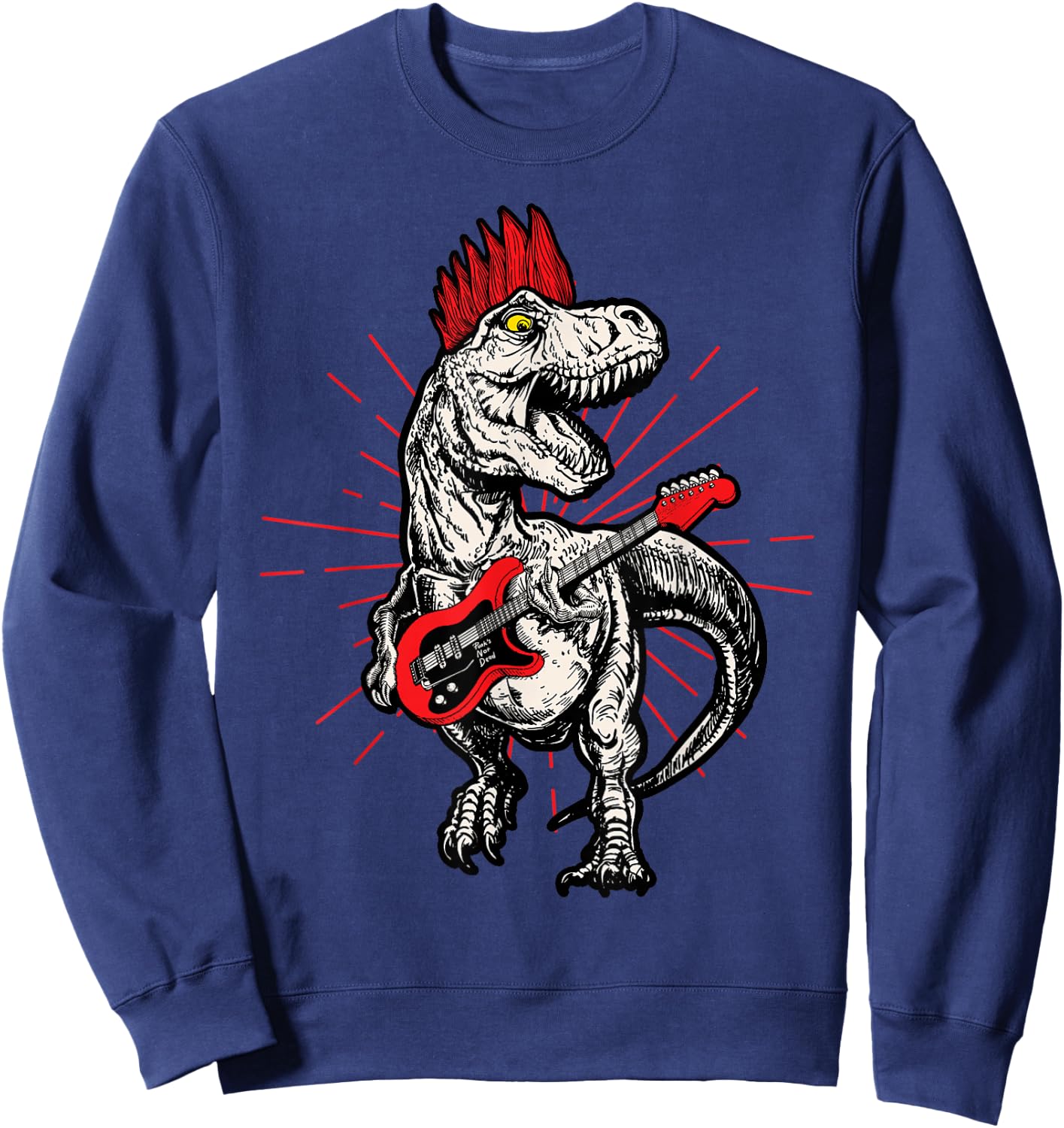 Punk Rock T-Rex Mohawk Playing Guitar Rock n' Roll Dinosaur Sweatshirt - Sweatshirt | Navy