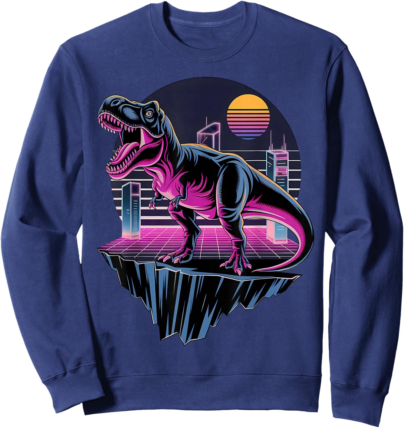 Electric Retro T-Rex Neon Dinosaur Aesthetic Sweatshirt - Sweatshirt | Navy