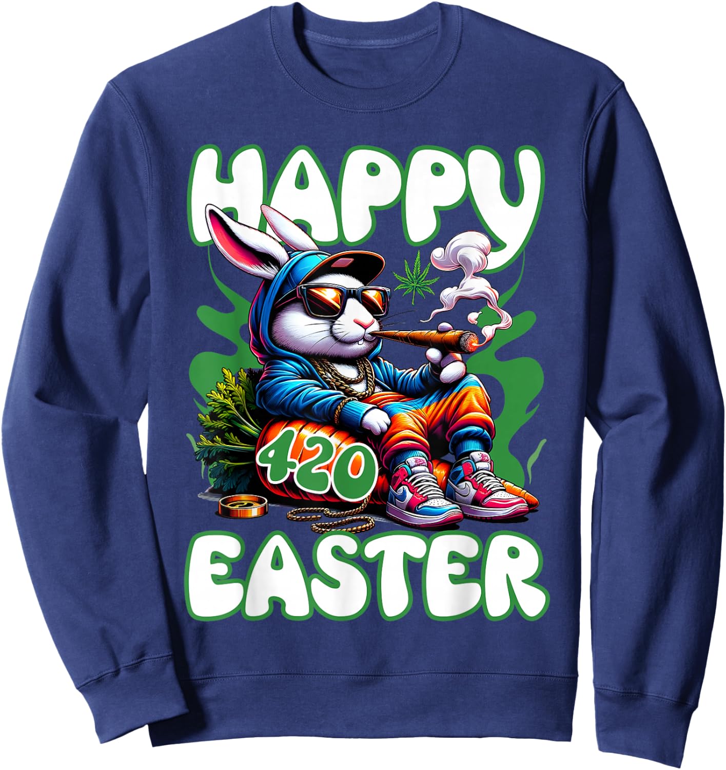 Happy 420 Easter Funny Smoking Easter Bunny Men Women Sweatshirt - Sweatshirt | Navy