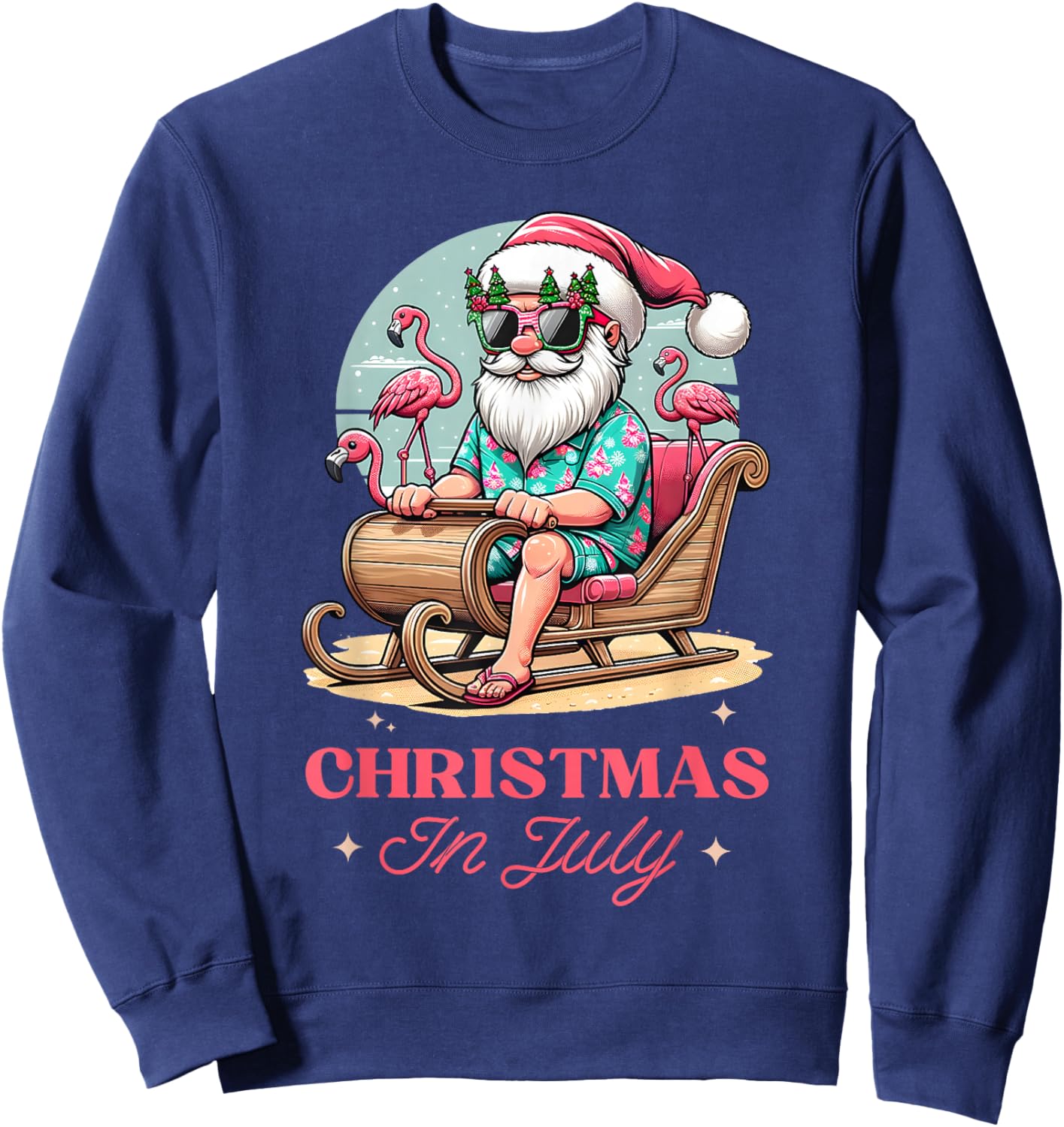 Fun Christmas in July Summer Santa Flamingo Sleigh Christmas , Black, S Sweatshirt - Sweatshirt | Navy