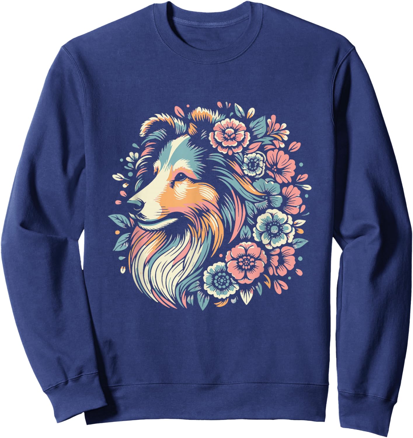 Floral Shetland Sheepdog Dog Flower Sheltie Graphic Design Sweatshirt - Sweatshirt | Navy