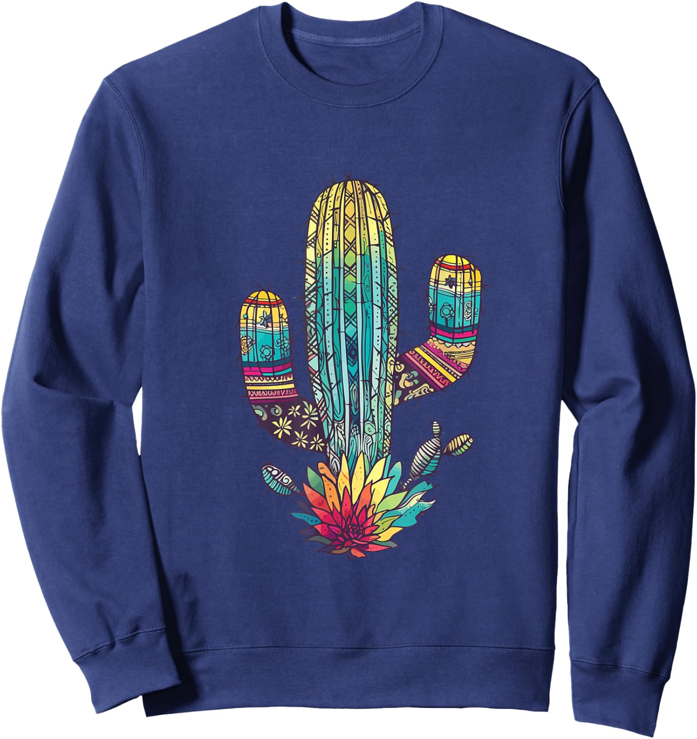 Serape Cactus Print Turquoise Western Saguaro Cactus Sweatshirt - Sweatshirt | Navy