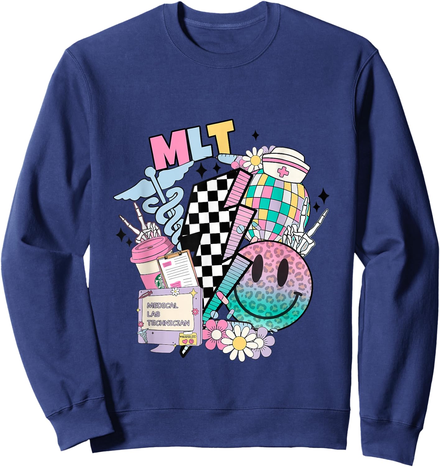 Smile face MLT Medical Laboratory Technician Stethoscope Sweatshirt - Sweatshirt | Navy