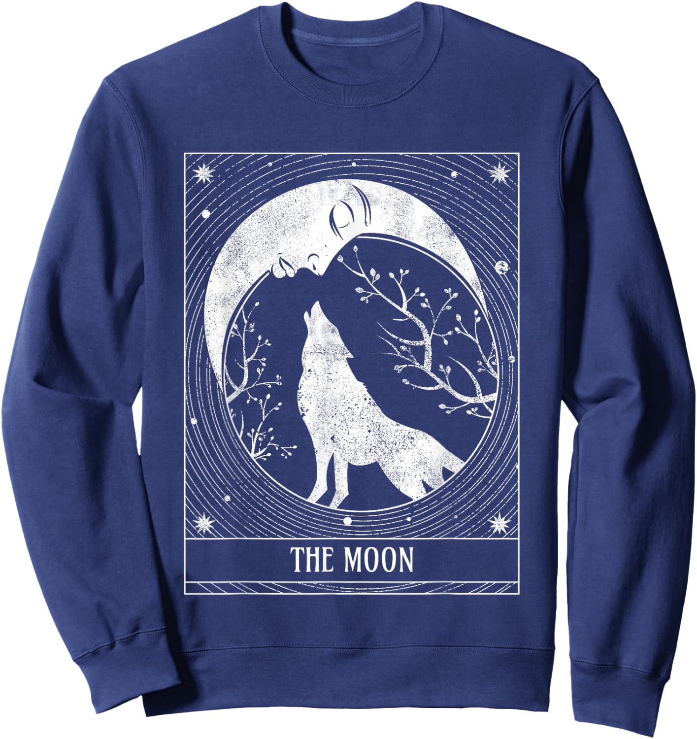 Distressed Crescent Moon and Wolf Tarot Card Sweatshirt - Sweatshirt | Navy