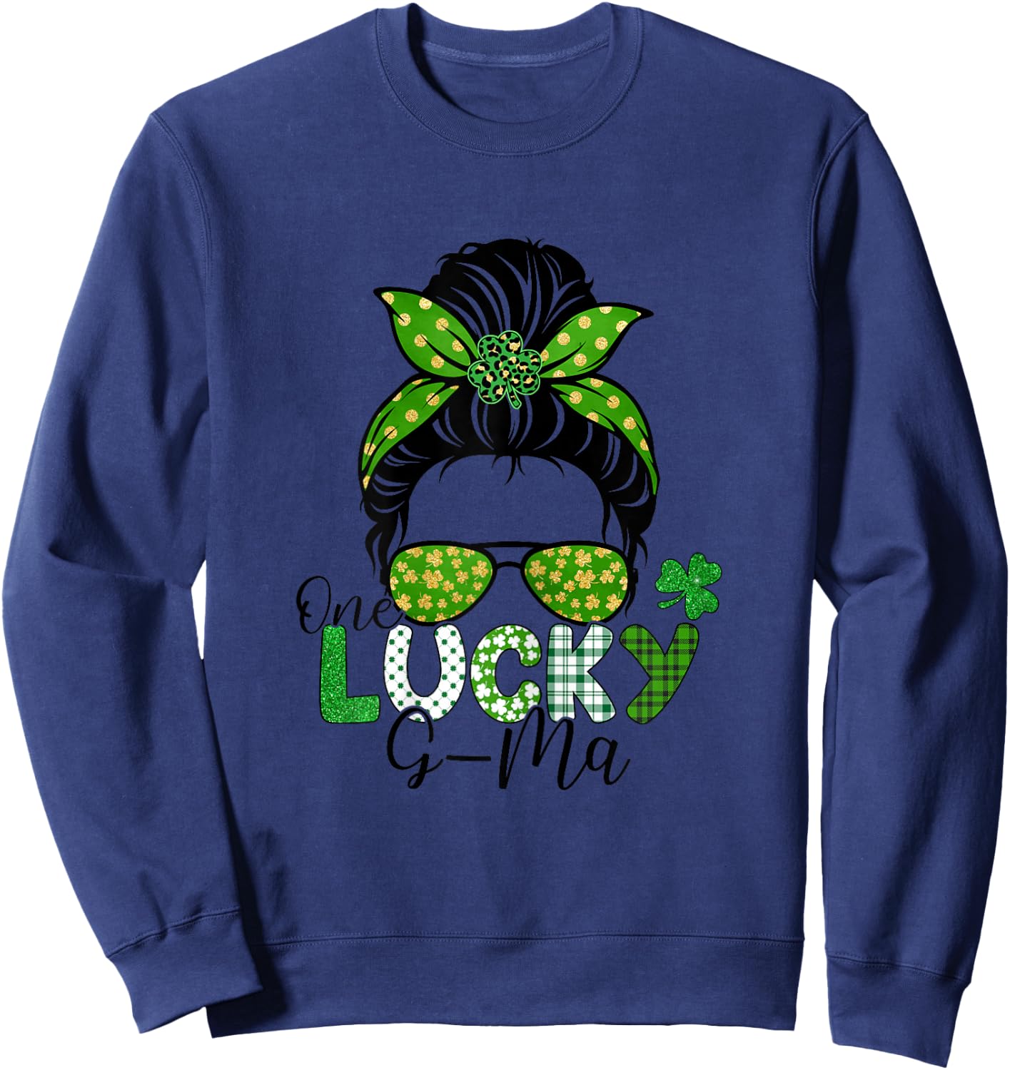One Lucky G-Ma St Patricks Day Leopard Shamrock Messy Bun Sweatshirt - Sweatshirt | Navy