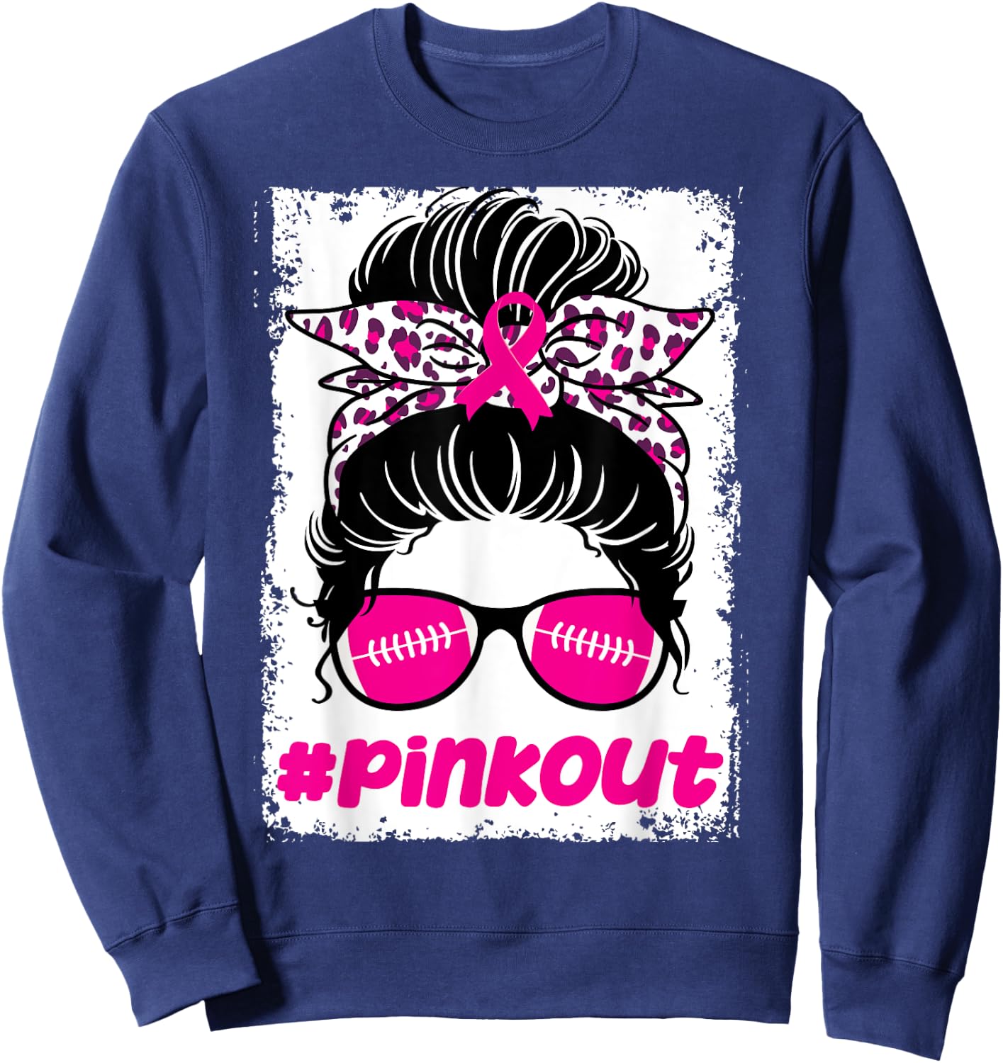 Pink Out Ou Breast Cancer Football Messy Bun Cheer Bleached Sweatshirt - Sweatshirt | Navy