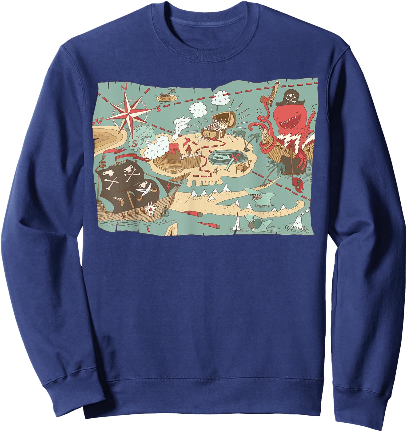 Treasure Map Ship Sharks Pirates & Skulls Shirt Boys Kids Sweatshirt - Sweatshirt | Navy