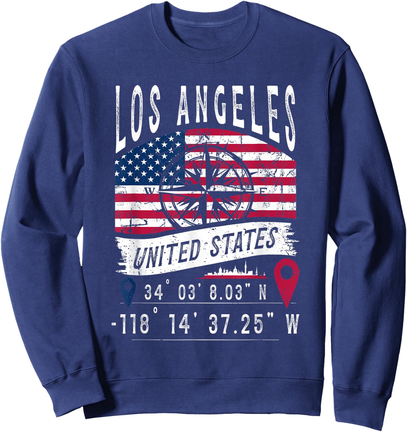 Los Angeles USA Flag GPS Coordinates Los Angeles , Black, S Sweatshirt - Sweatshirt | Navy