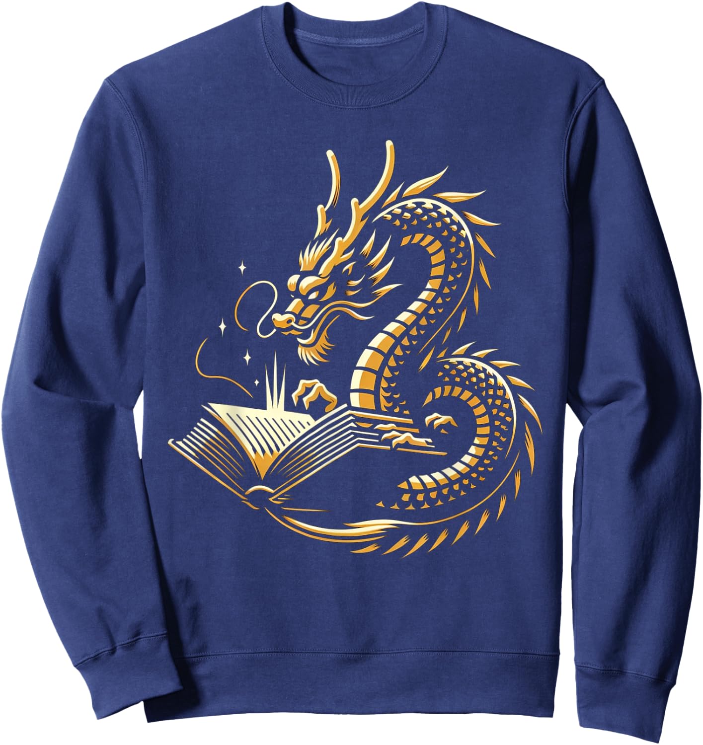 Book Lovers Dragon Fantasy Art Mythical Creatures Yellow Bookworm Chinese Dragon Sweatshirt - Sweatshirt | Navy