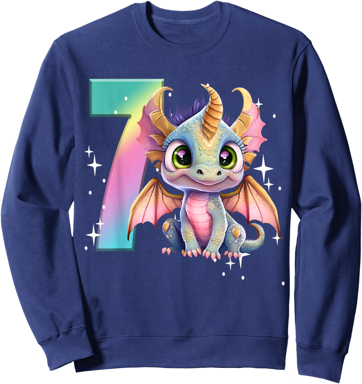 7th Birthday Shirt Girl Dragon Birthday Outfit Rainbow Seven Sweatshirt - Sweatshirt | Navy