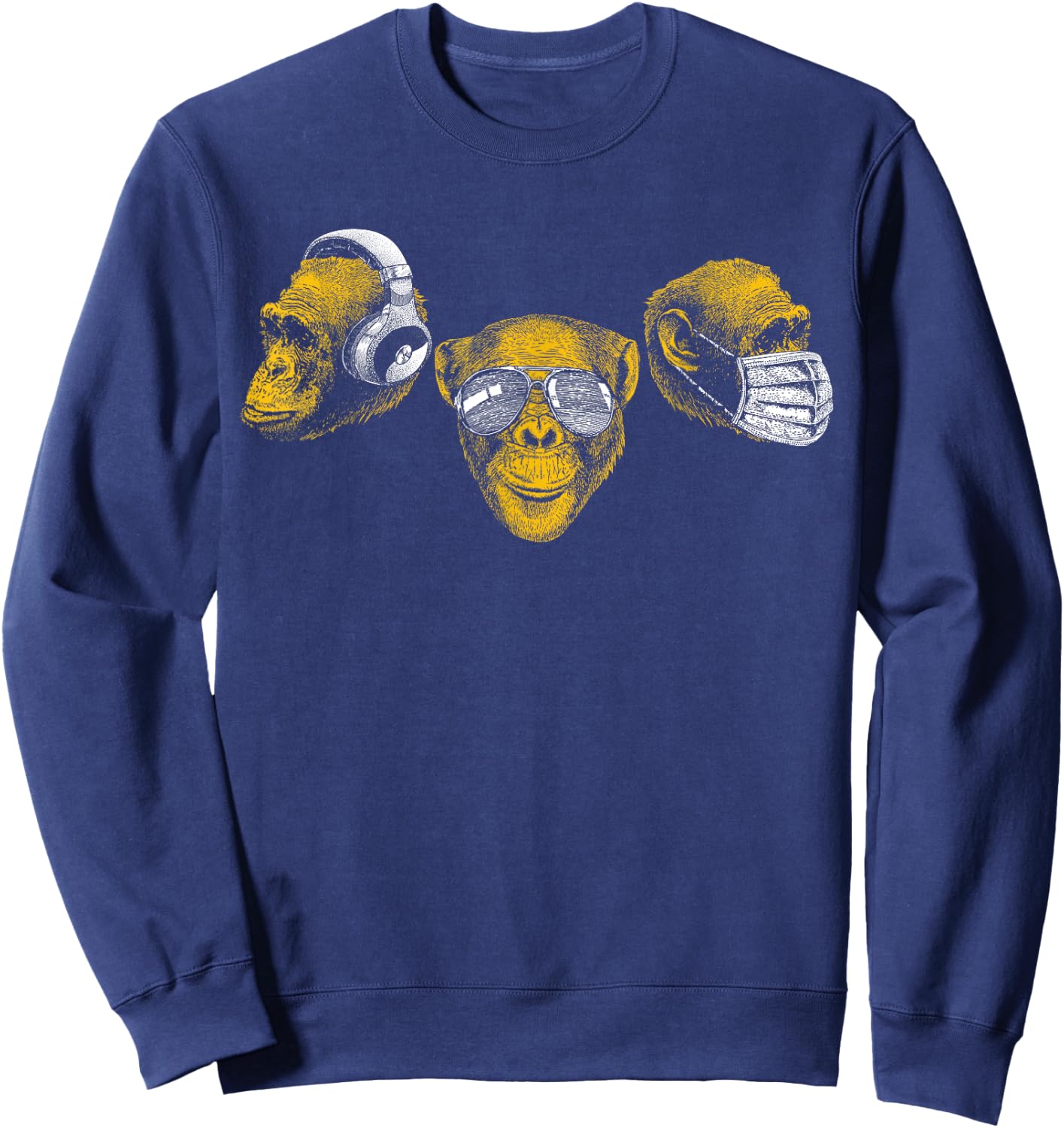 Three Chimpanzee Heads Wise Monkey Speak Hear & See No Evil Sweatshirt - Sweatshirt | Navy