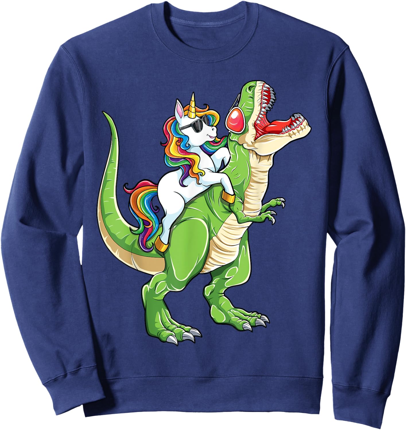 Unicorn Riding T rex Dinosaur Boys Girls Men Women Funny Sweatshirt - Sweatshirt | Navy