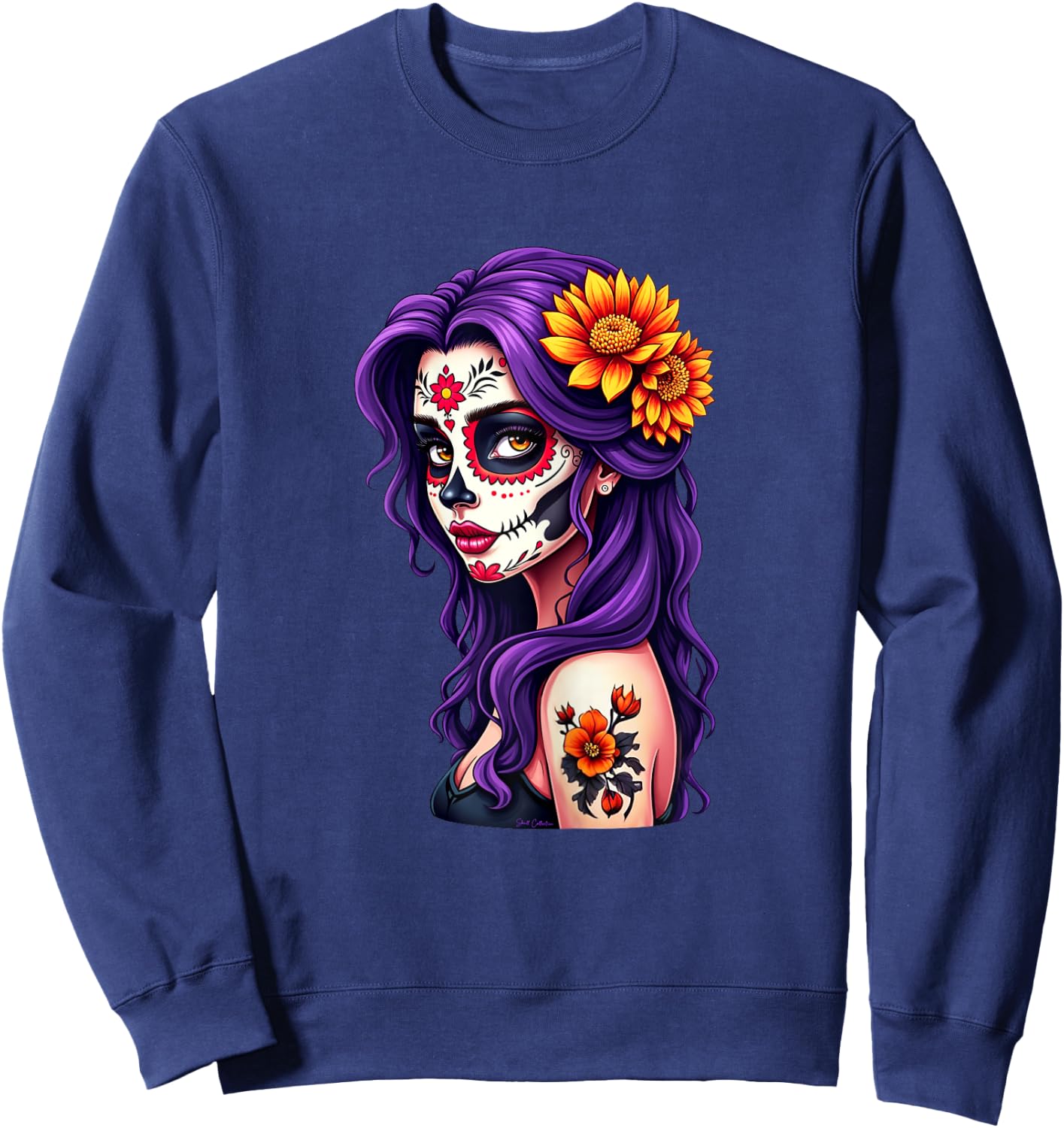 Dia de los Muertos Head Mexican Woman Mexico Sugar Skull , Black, Female X-Small Sweatshirt - Sweatshirt | Navy