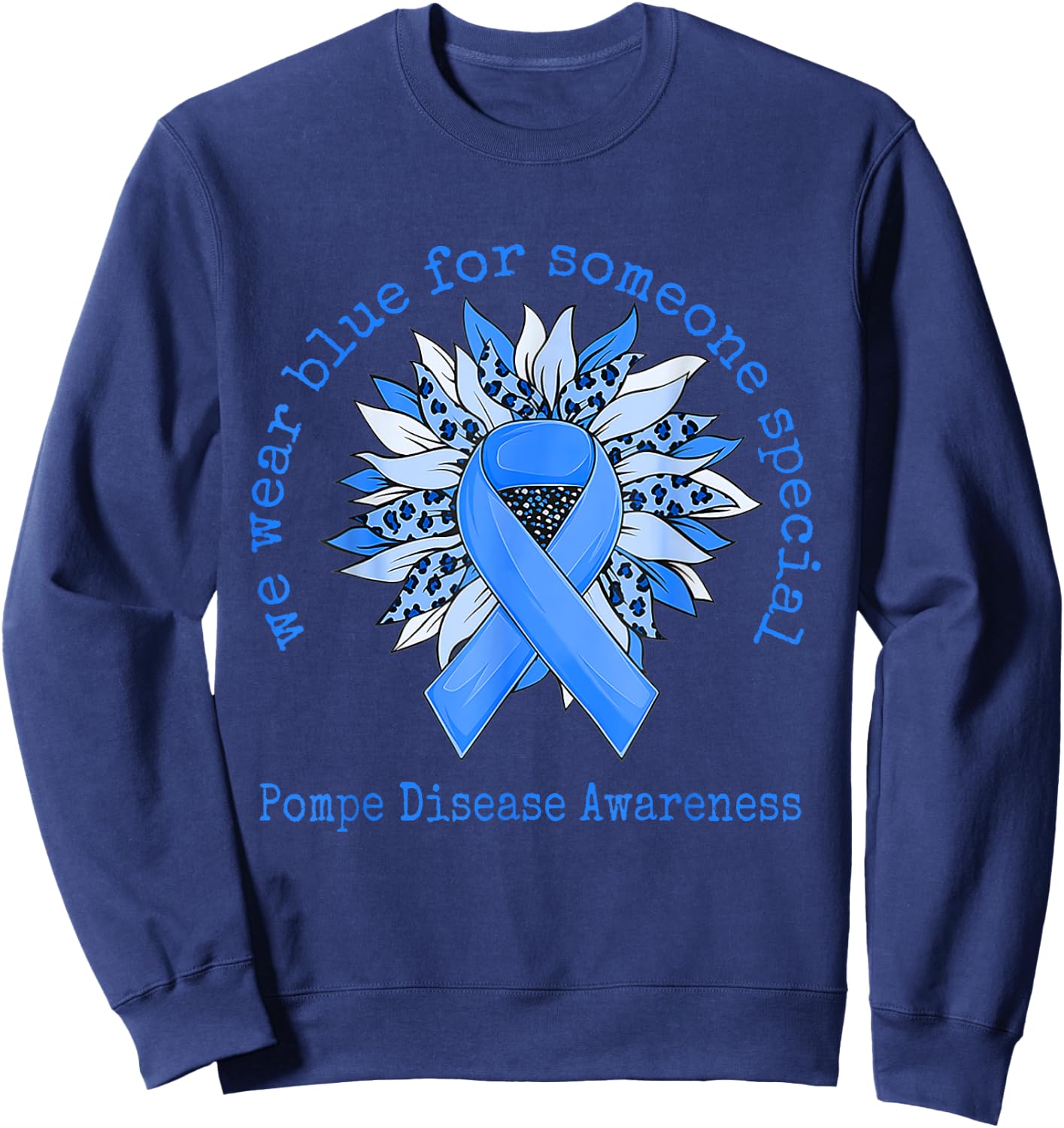 We Wear Blue Pompe Disease Awareness Sunflower Leopard Sweatshirt - Sweatshirt | Navy