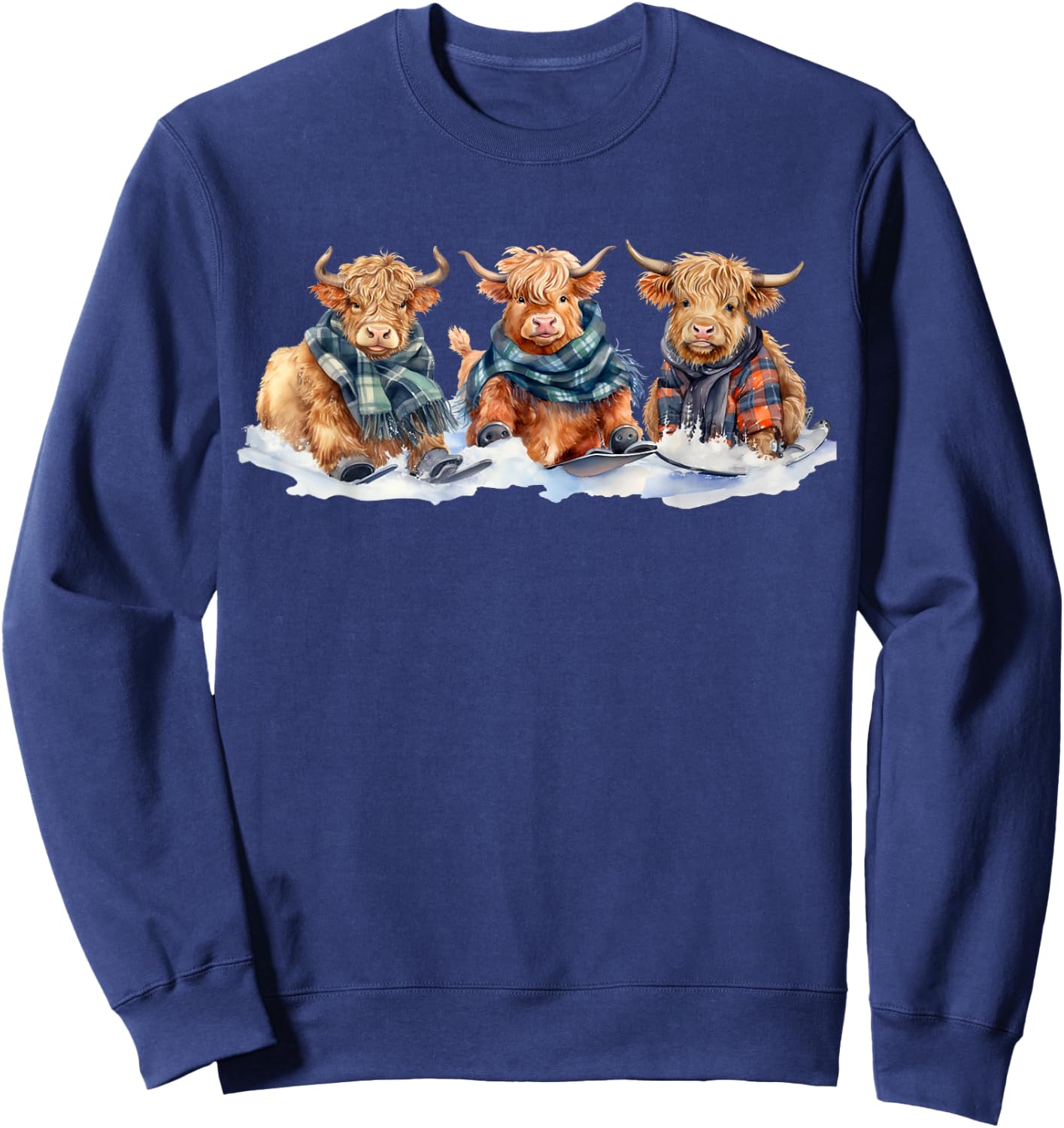 Cute Winter Highland Cows Plaid Scarf Skiing Snowshoe Snow Sweatshirt - Sweatshirt | Navy