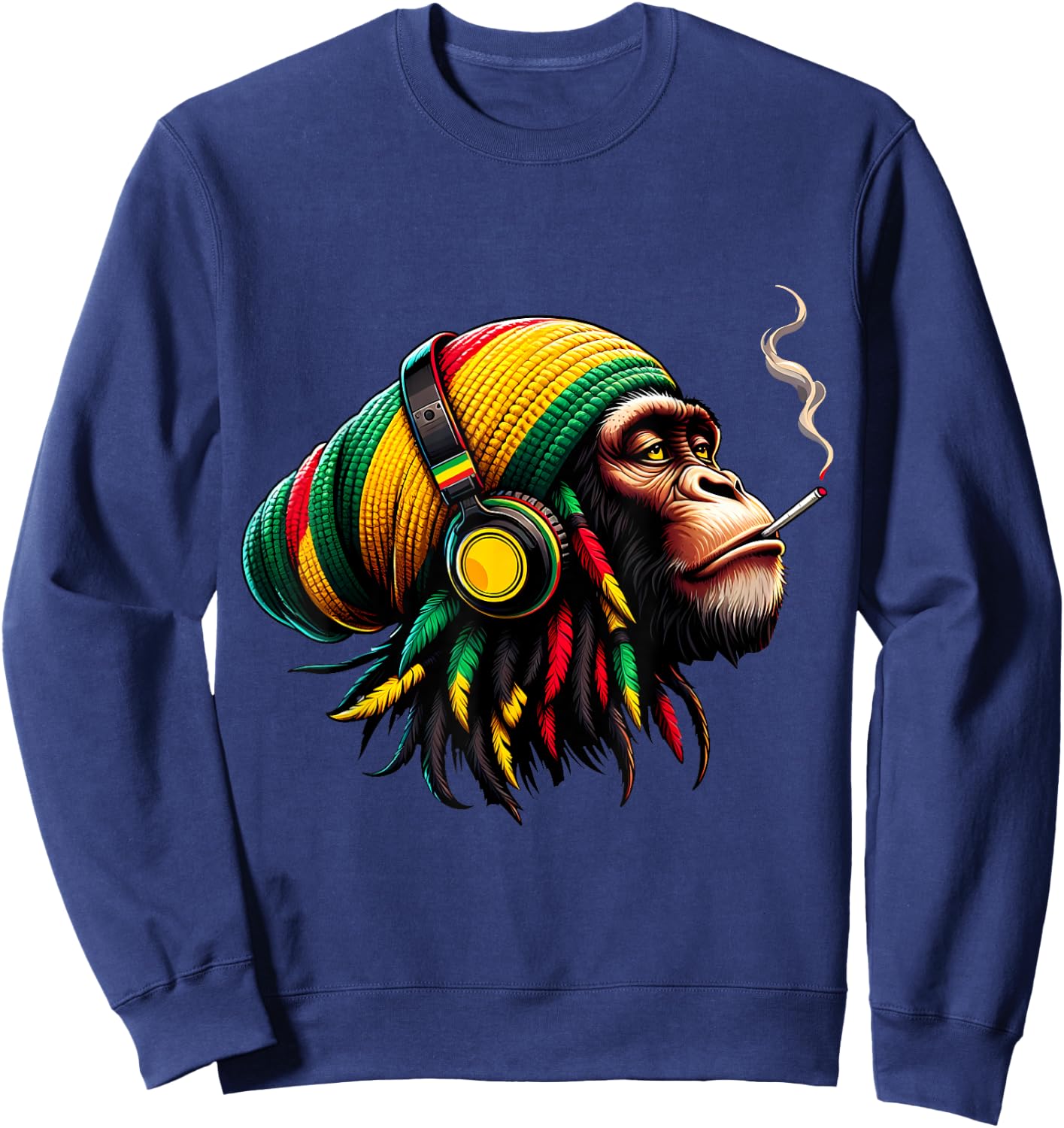 Jamaican Roots Reggae Chimpanzee Headphones Rastafari , Black, S Sweatshirt - Sweatshirt | Navy