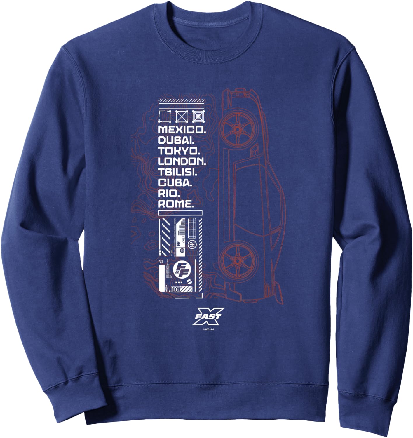 Fast X Worldwide Cities Fast & Furious Red Car Tactical Map , black Sweatshirt - Sweatshirt | Navy