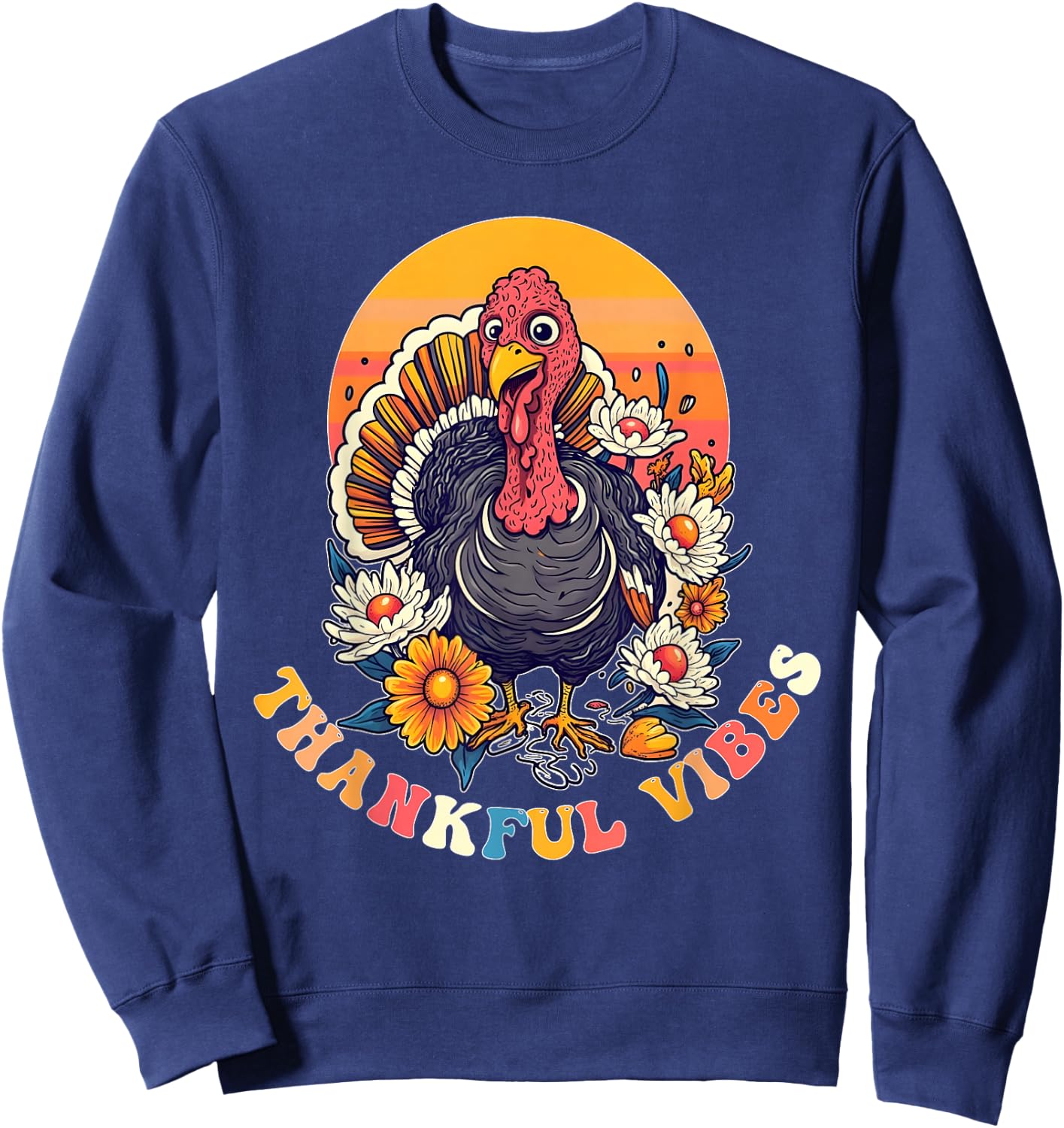 Thankful Vibes Turkey Funny Groovy Thanksgiving Women Girl Sweatshirt - Sweatshirt | Navy