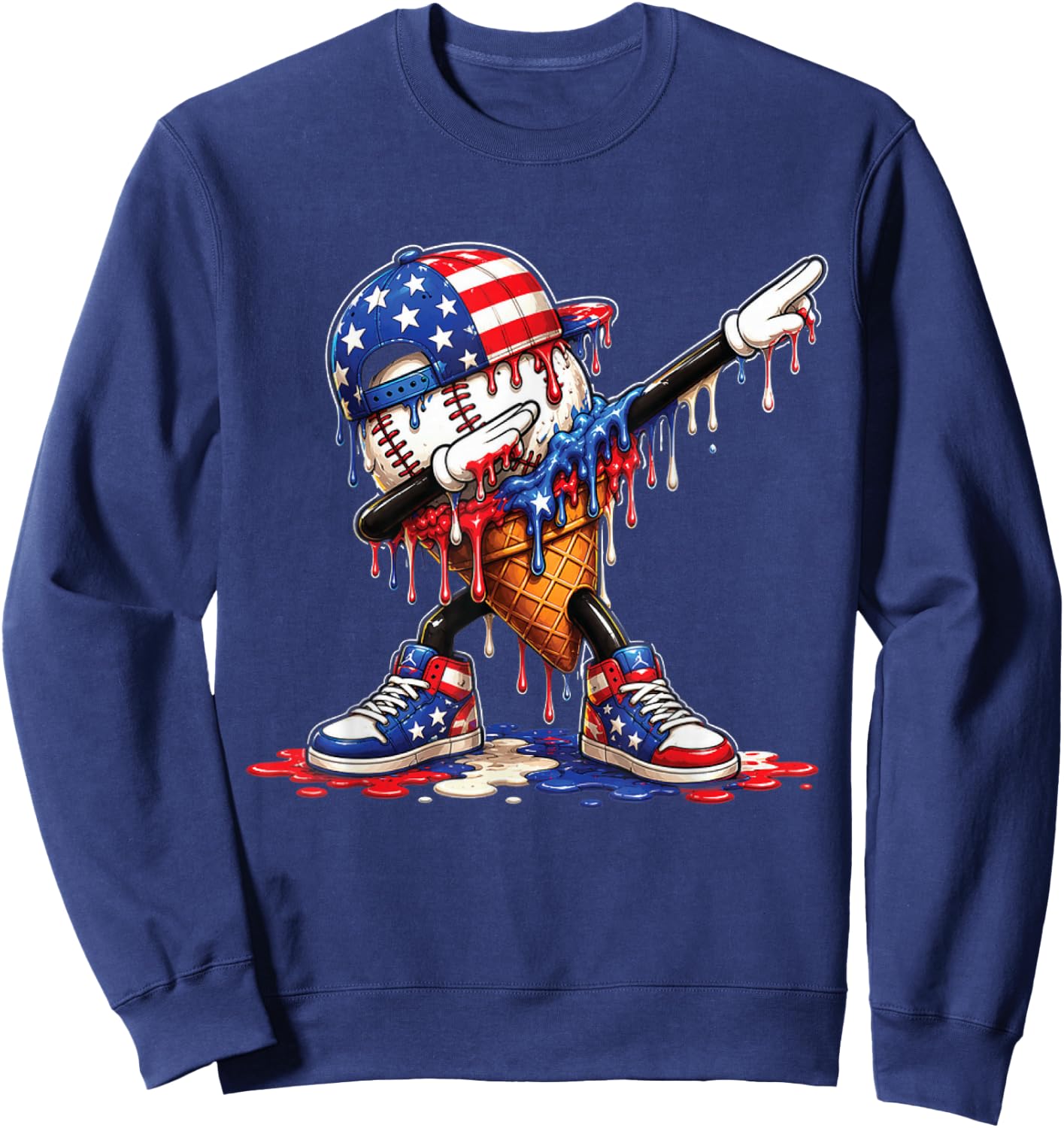 Baseball Drip Ice Cream Patriot American Flag 4th of July Sweatshirt - Sweatshirt | Navy