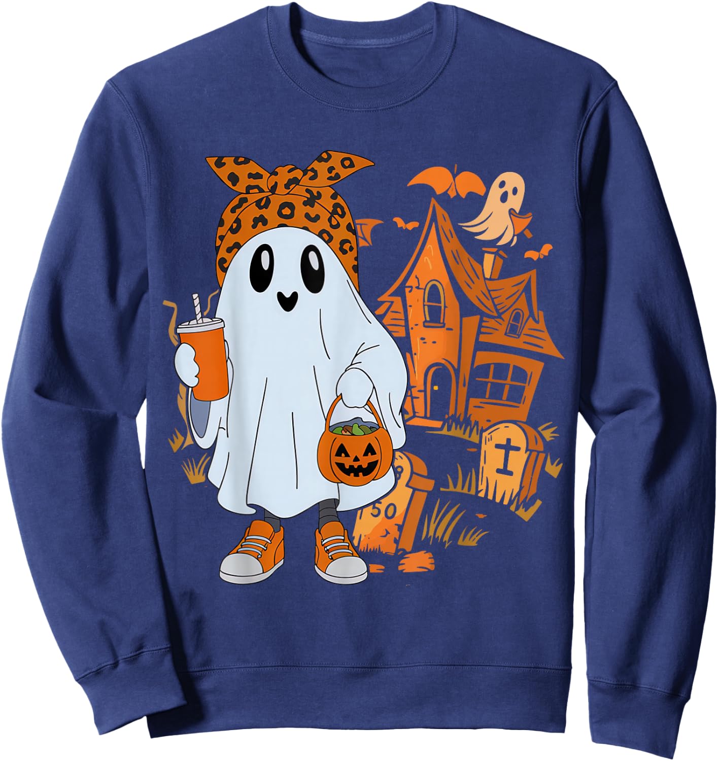 Cute Ghost Drinking Coffee Halloween Ghost Leopard Ice Coffe Sweatshirt - Sweatshirt | Navy