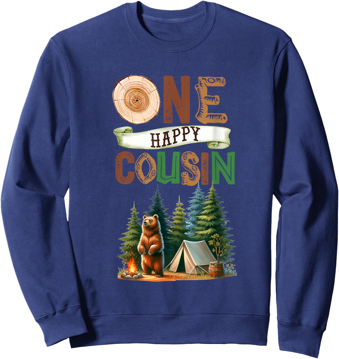 One Happy Cousin Camper First Birthday Camping Bear Kids Sweatshirt - Sweatshirt | Navy