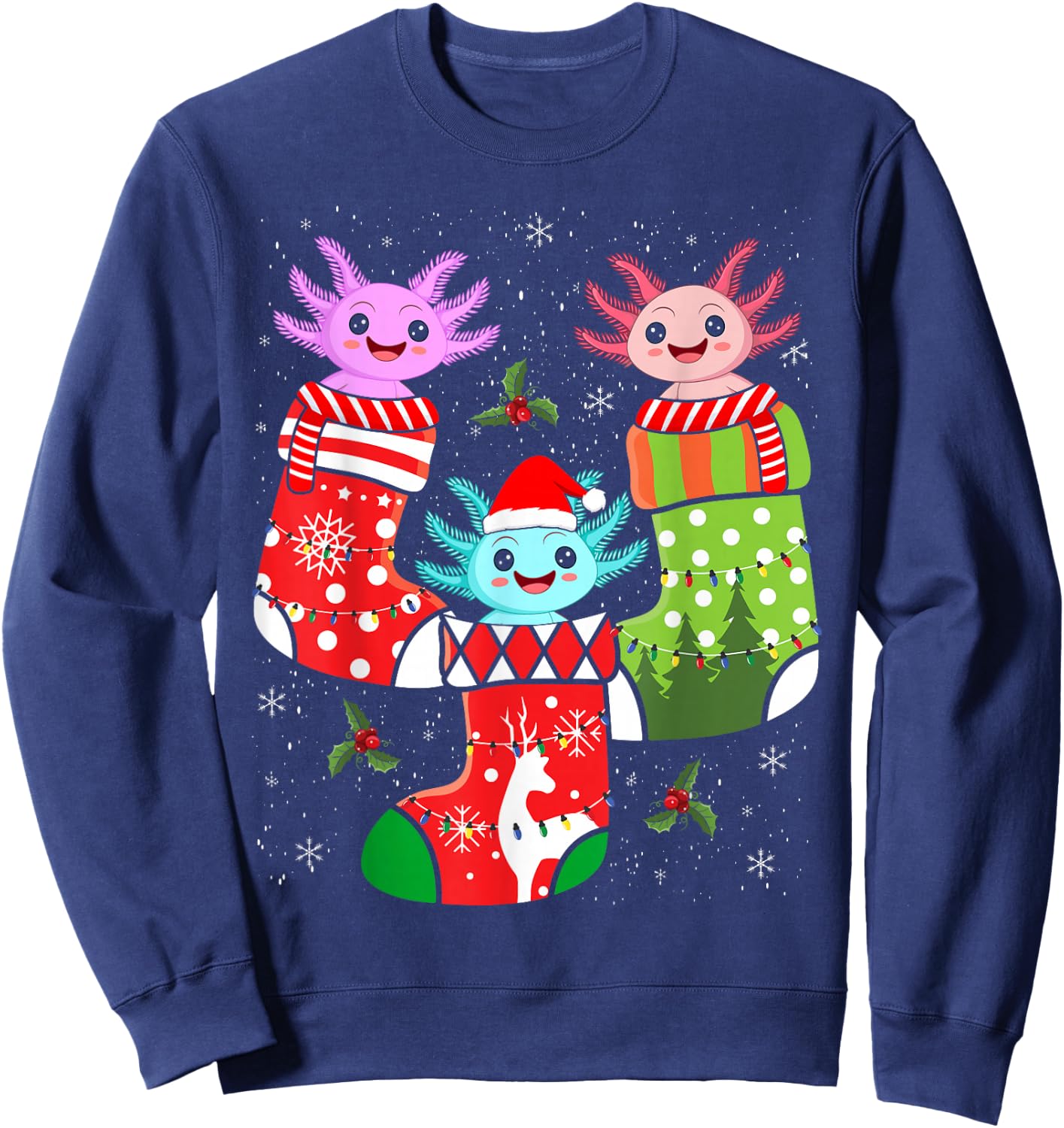 Kawaii Axolotl Christmas Stocking Kid Youth Teen Pajamas Pjs Sweatshirt - Sweatshirt | Navy