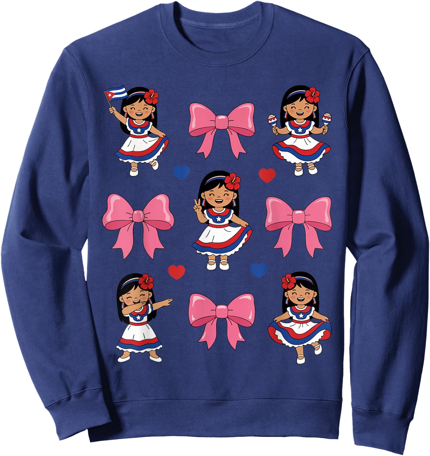 Cute Cuban Girl Traditional Dress Bow Cuba Heritage Flag Sweatshirt - Sweatshirt | Navy